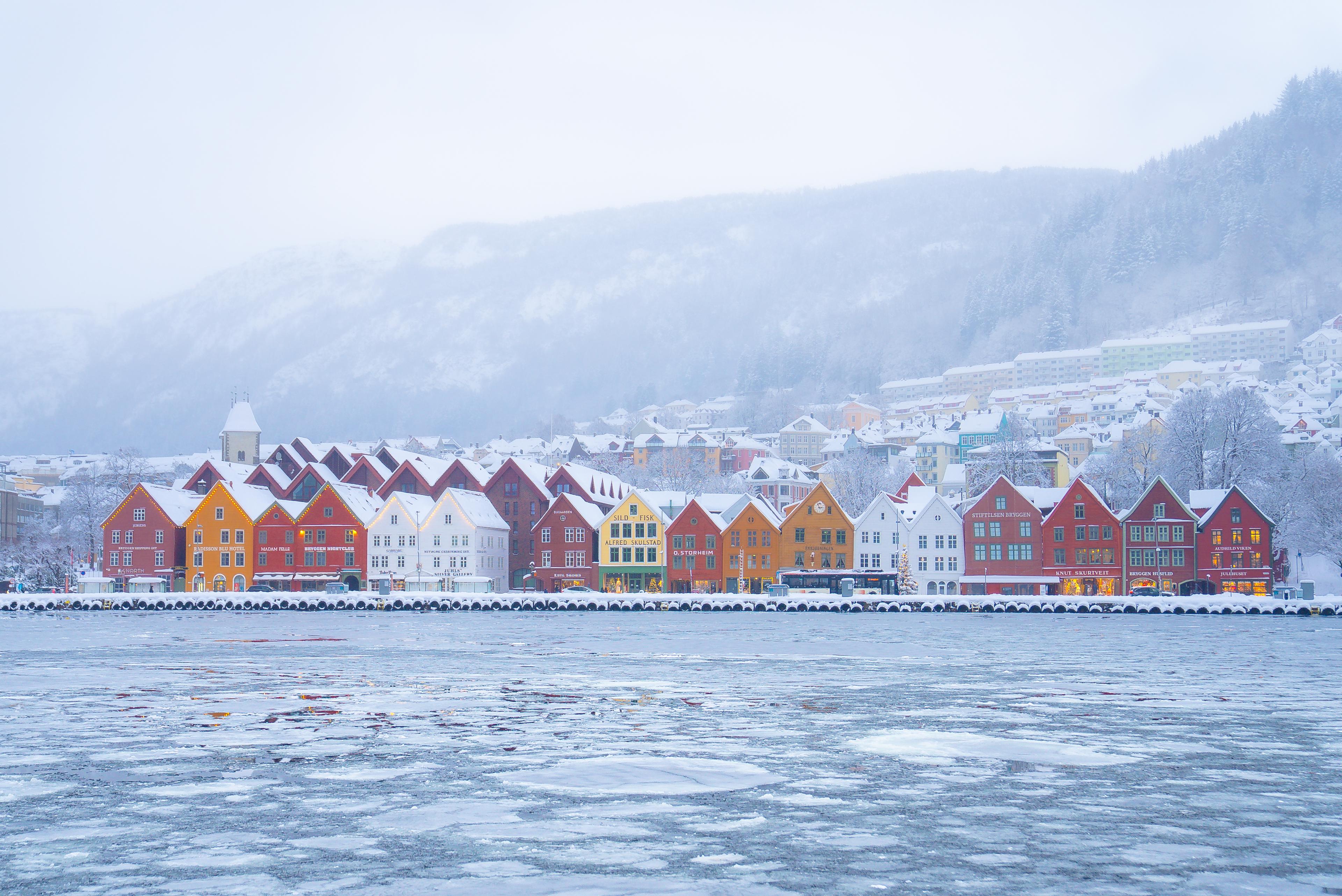 Winter at Bryggen in Bergen, Fjord Norway