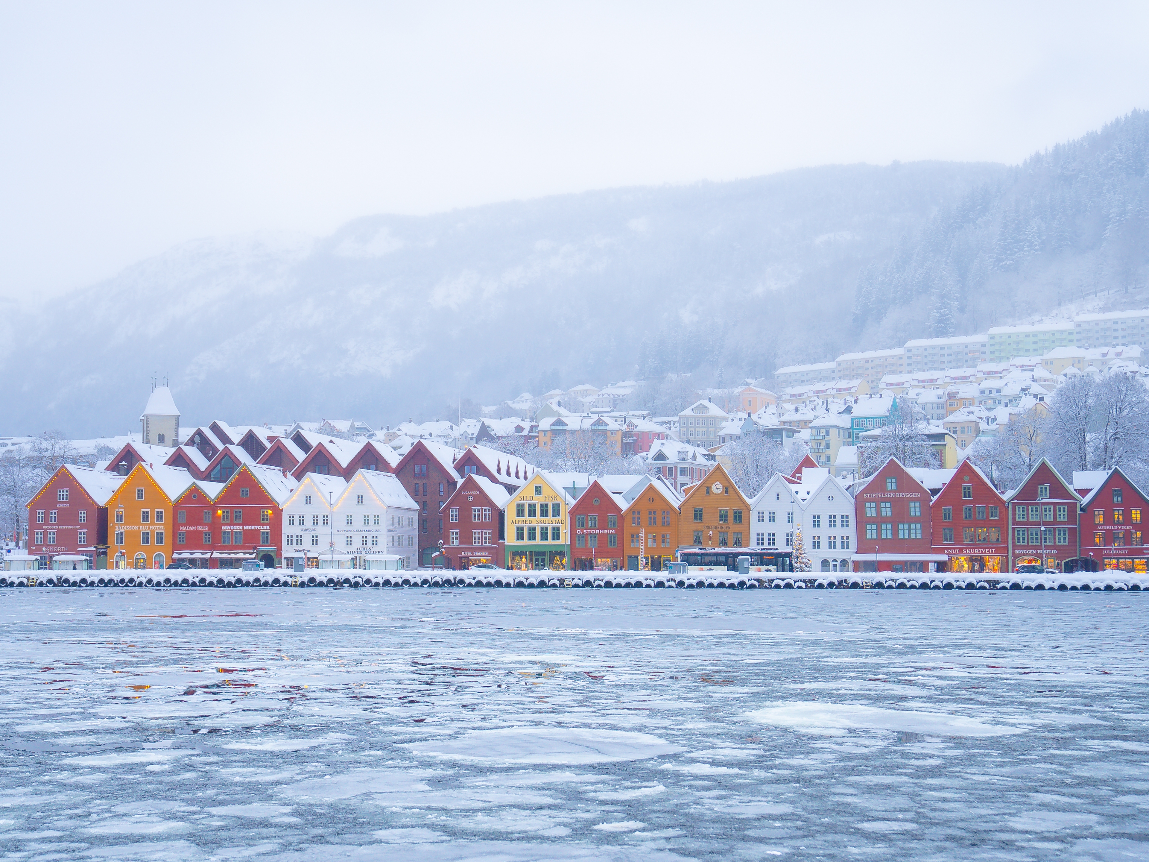 Winter at Bryggen in Bergen, Fjord Norway