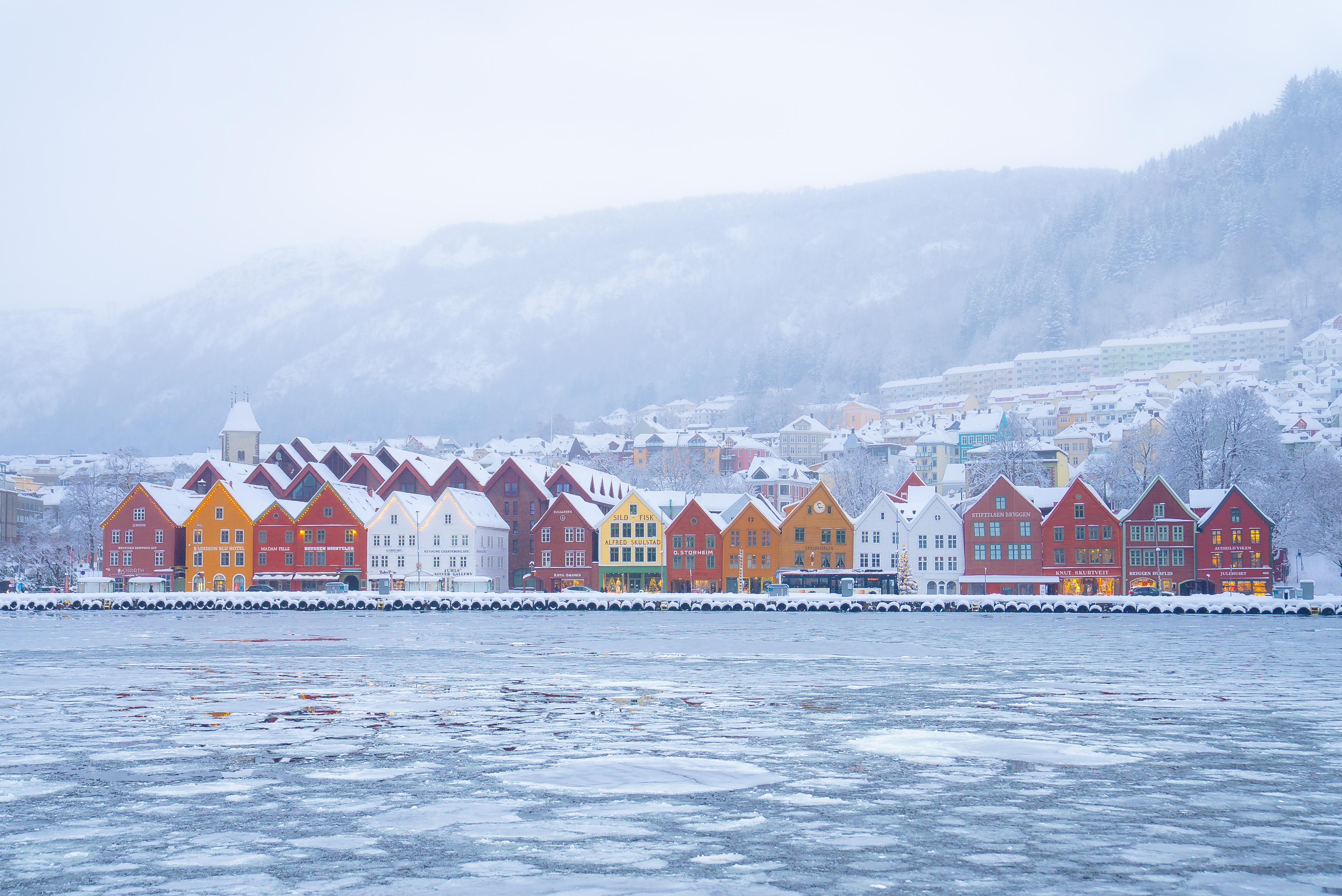 Winter at Bryggen in Bergen, Fjord Norway