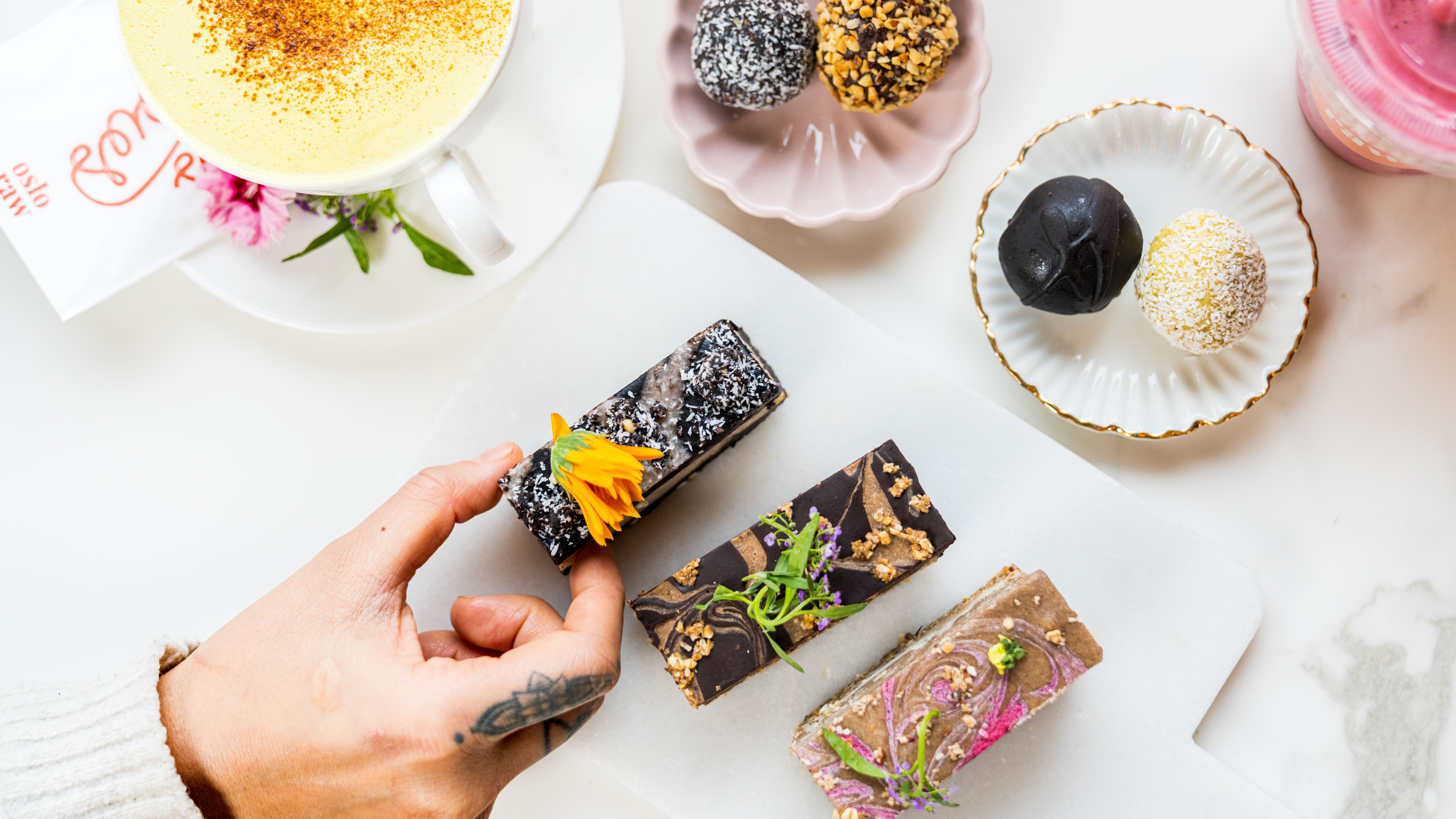 Colorful cakes on a white table