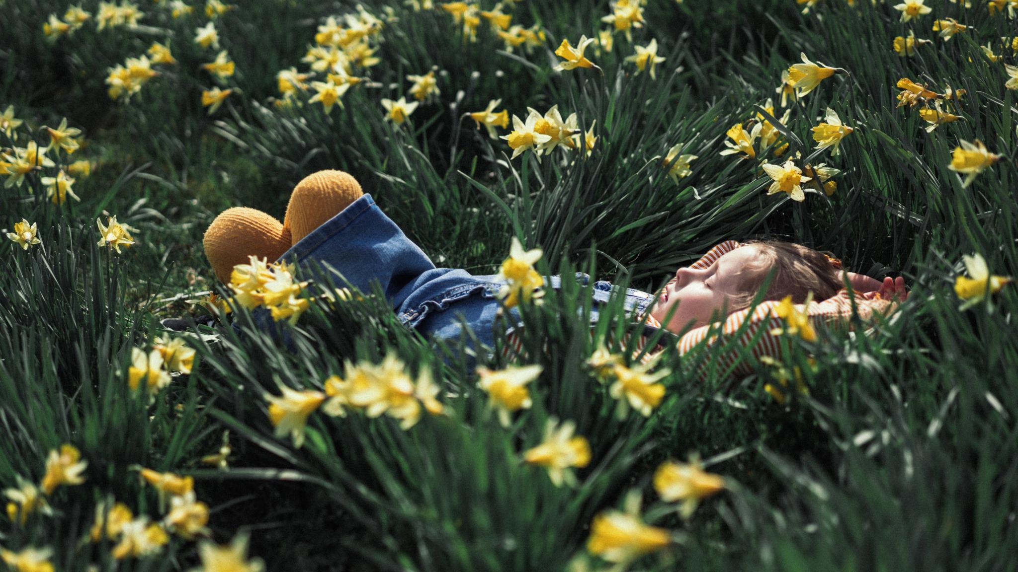 Girl relaxing in a field of flowers, Fjord Norway.