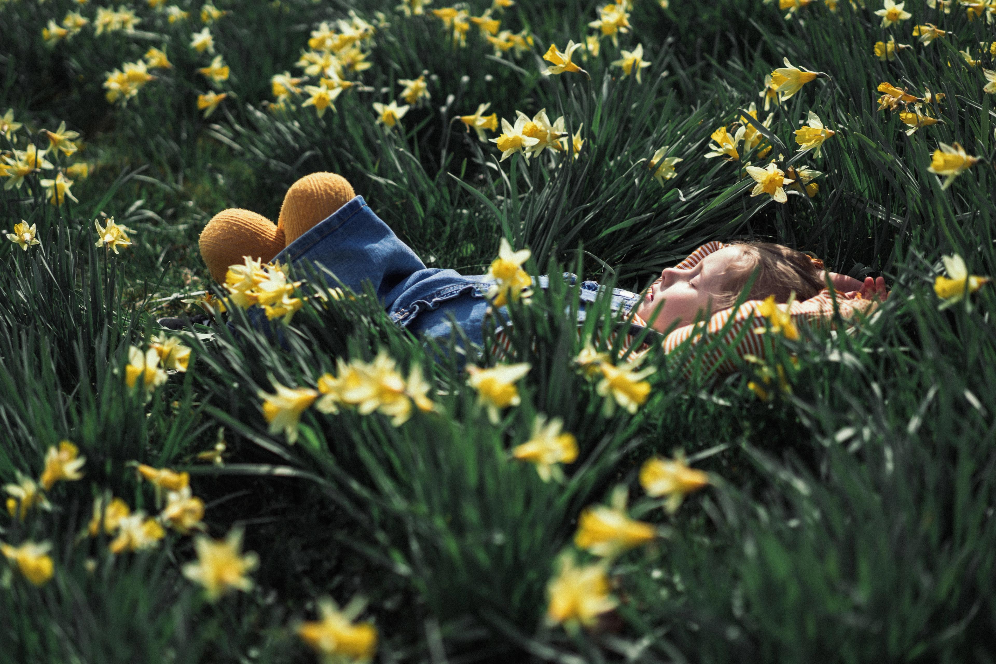 Girl relaxing in a field of flowers, Fjord Norway.