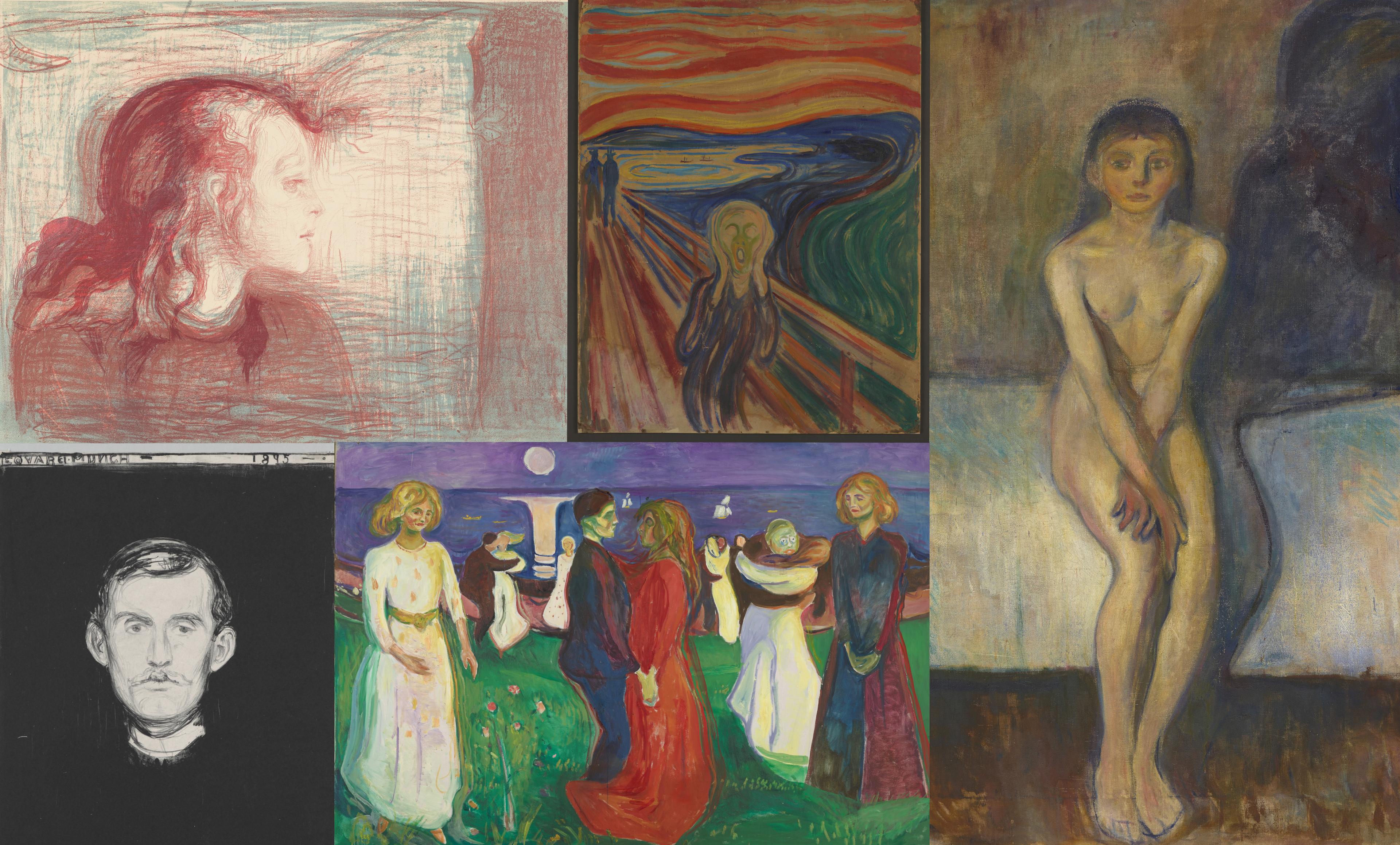 A collage with a selection of Munch's artwork.