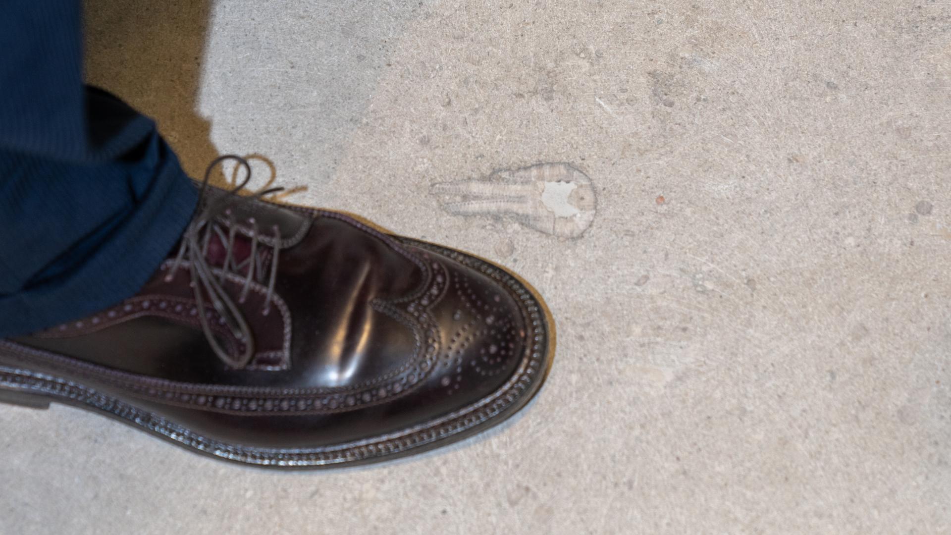 A foot by a fossil in the floor at the National Museum