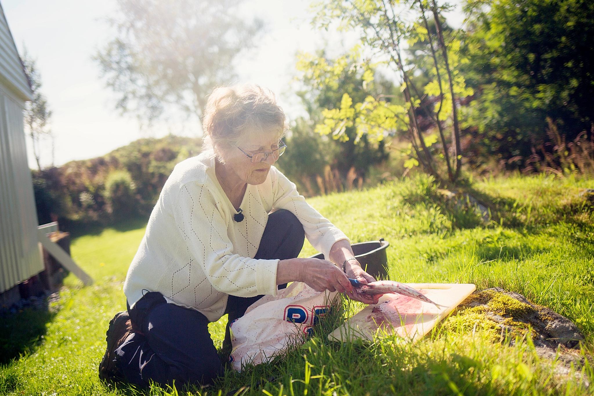 Olgunn Johansen is cleaning fish caught at The Atlantic Road in Northwest, Fjord Norway, on a lawn