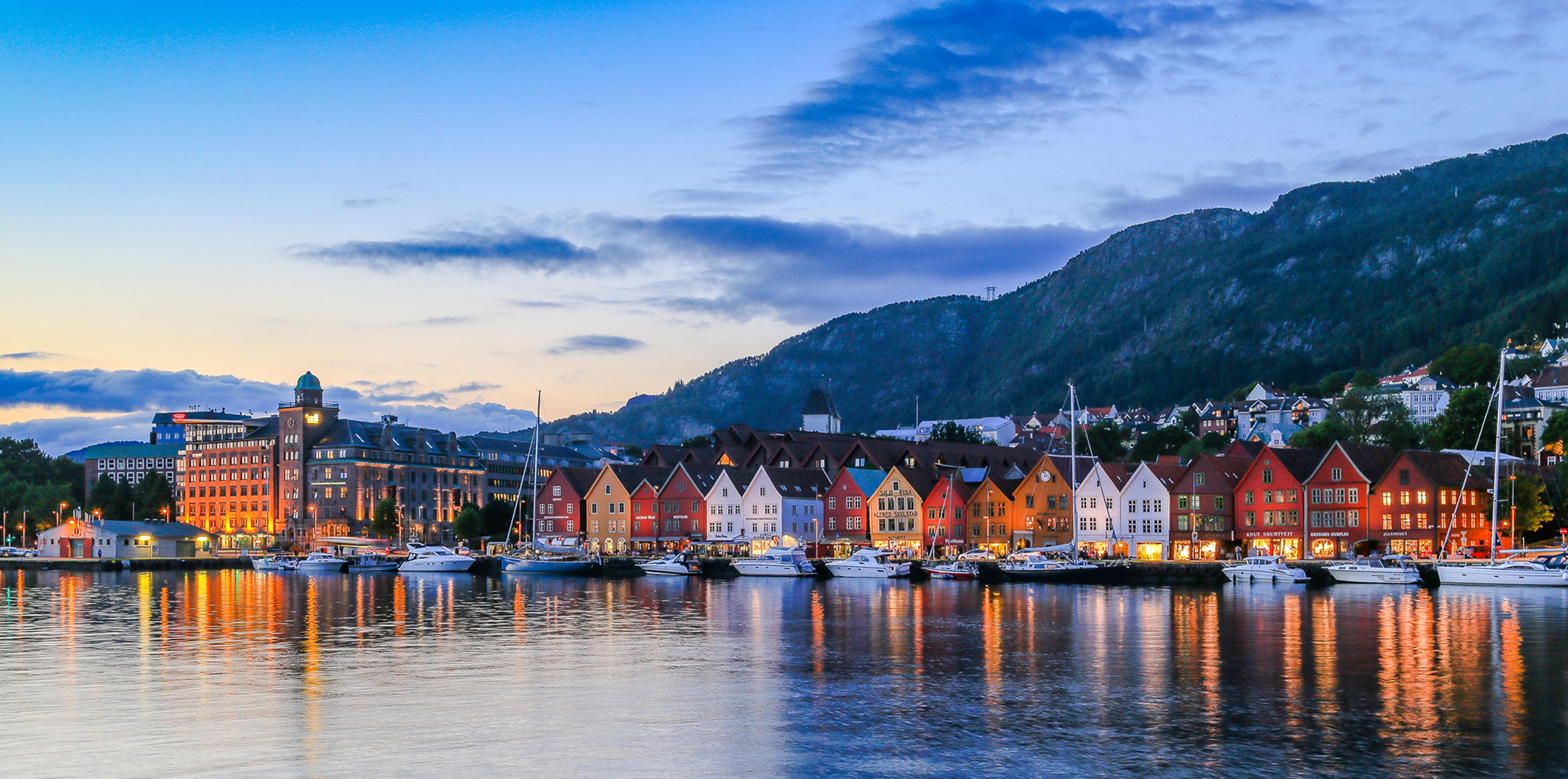 Evening at the UNESCO world heritage site Bryggen in Bergen, Fjord Norway