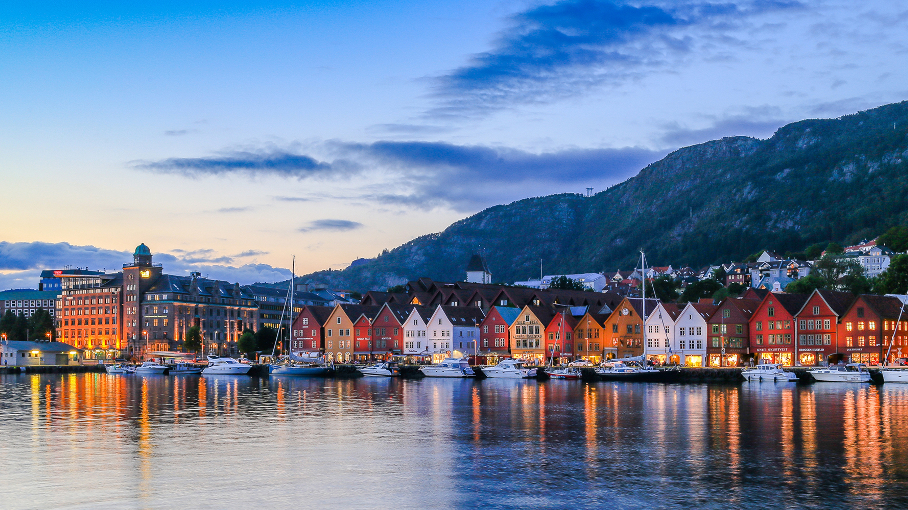 Evening at the UNESCO world heritage site Bryggen in Bergen, Fjord Norway