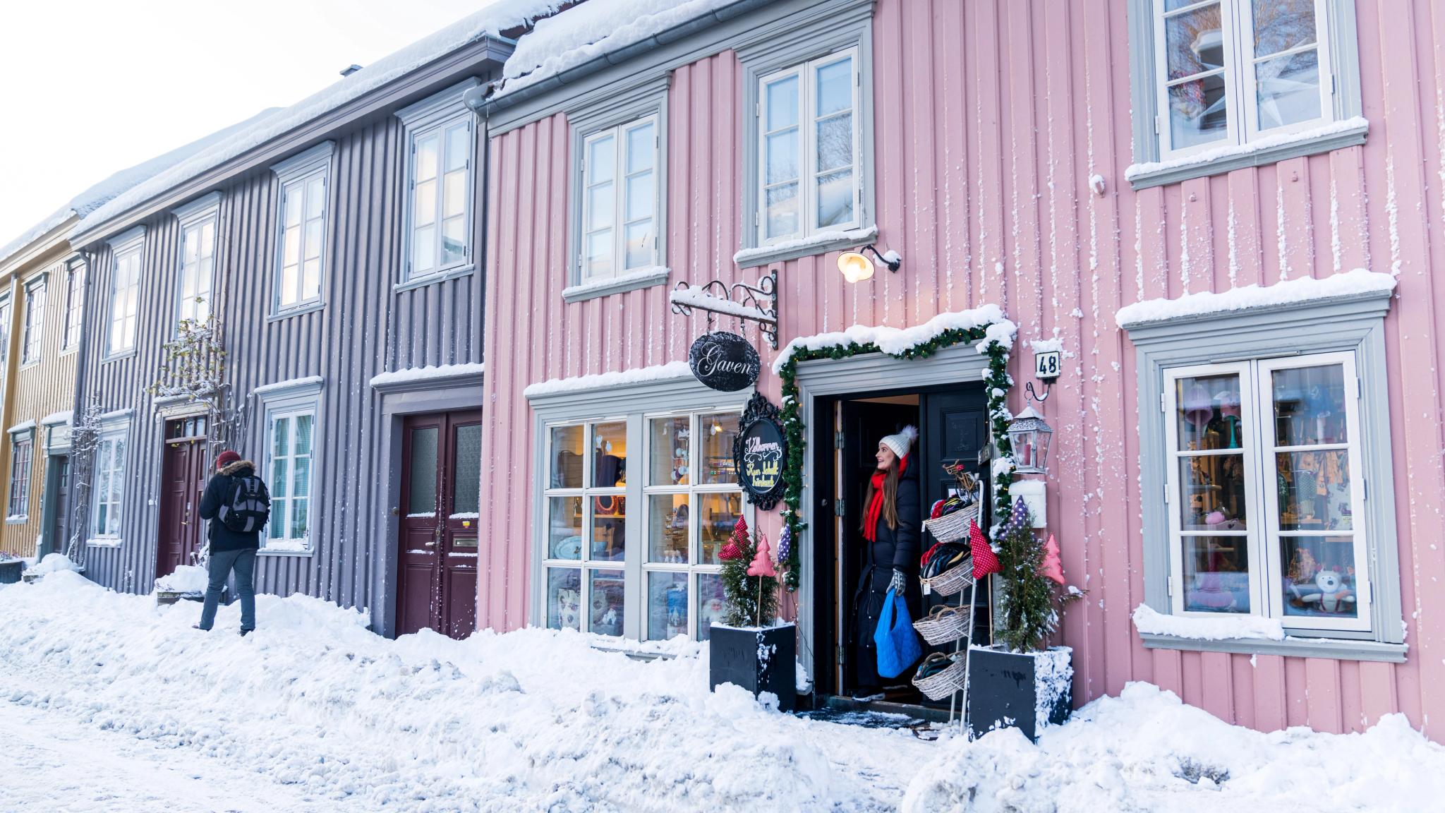 Shopping in the Bakklandet area in Trondheim in winter, Trøndelag, Norway.