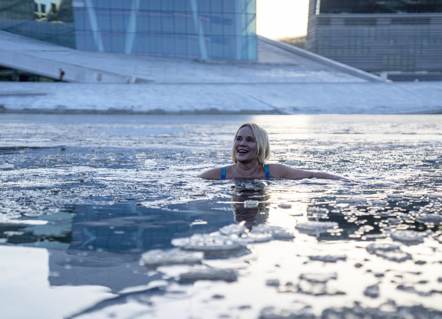 A woman ice bathing in the Oslofjord in Oslo, Eastern Norway