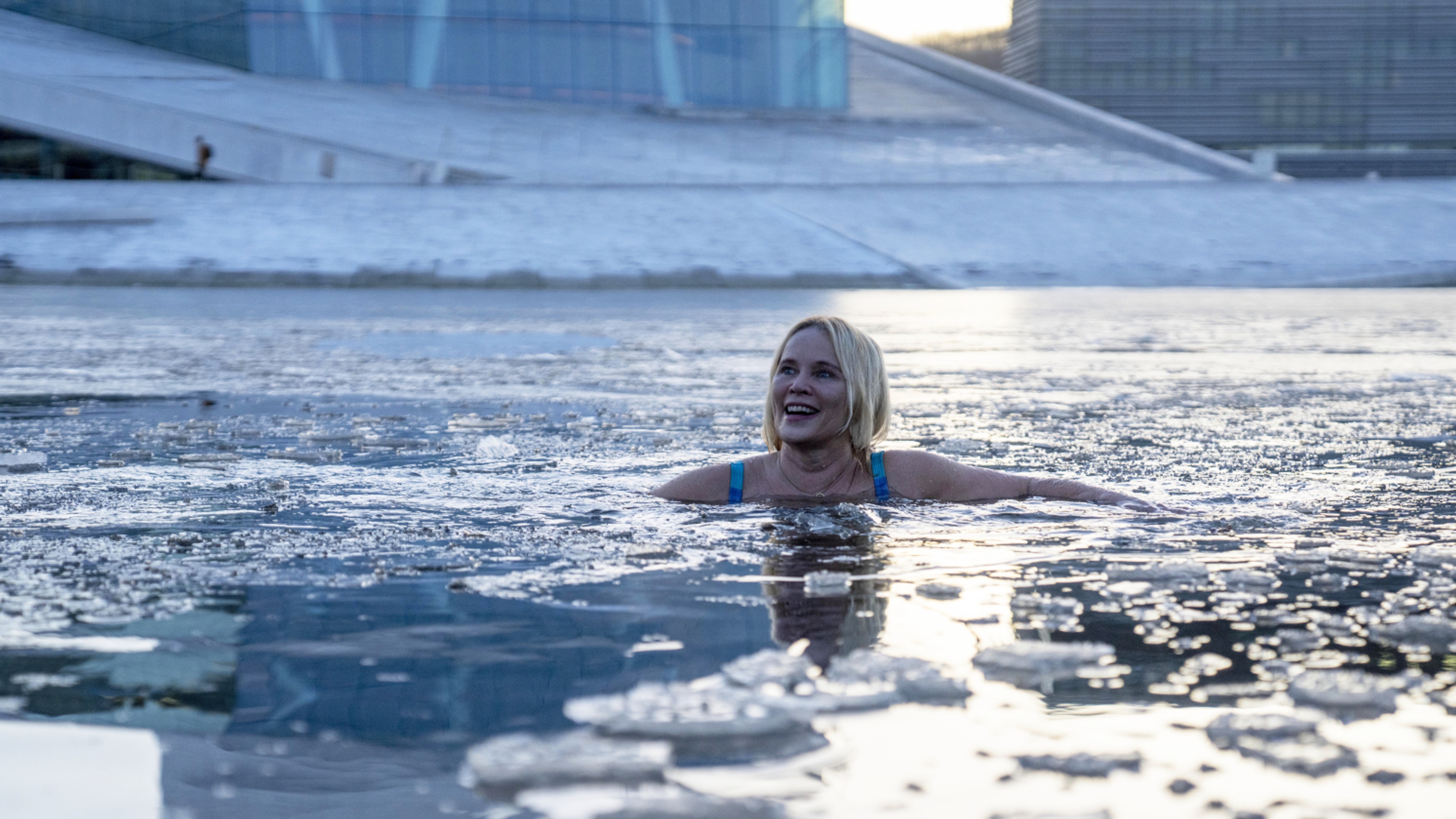 A woman ice bathing in the Oslofjord in Oslo, Eastern Norway