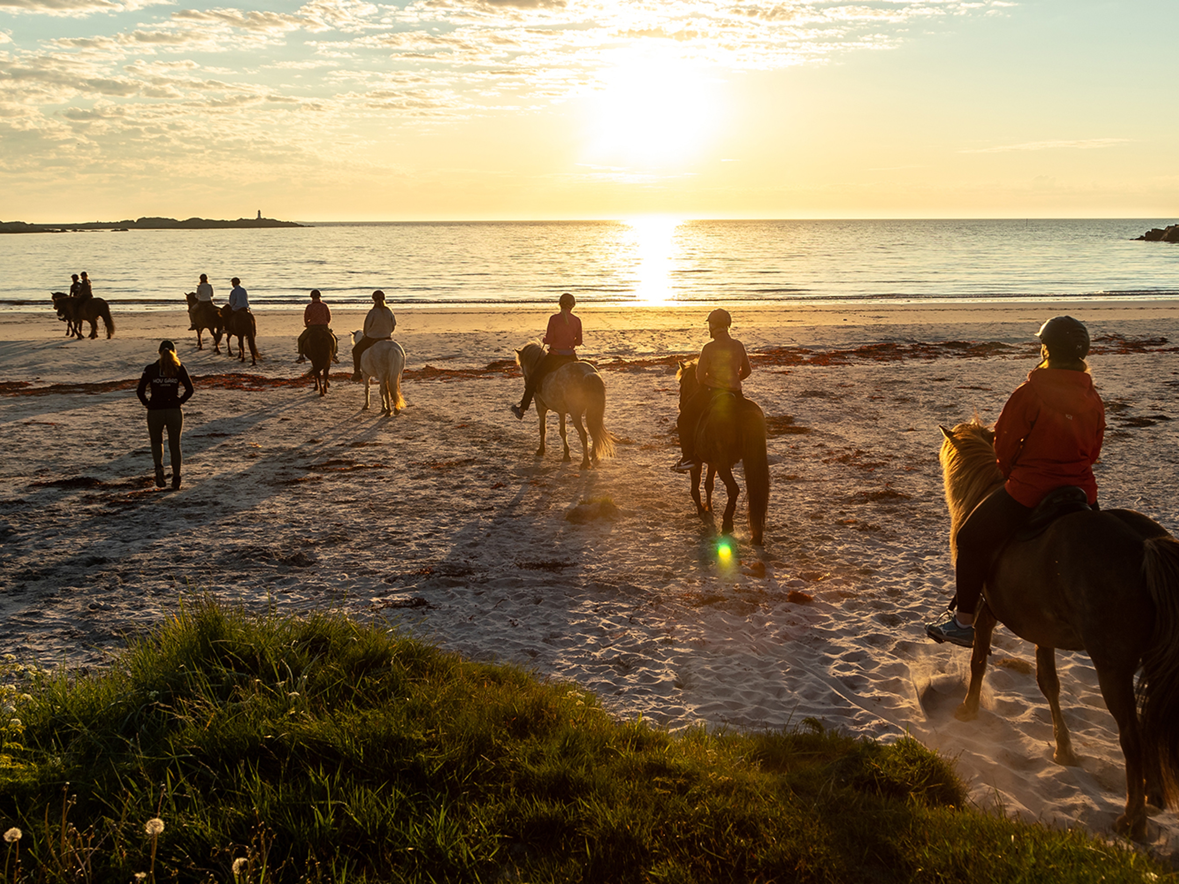 People horseback riding at a beach at sunset in Lofoten, Northern Norway