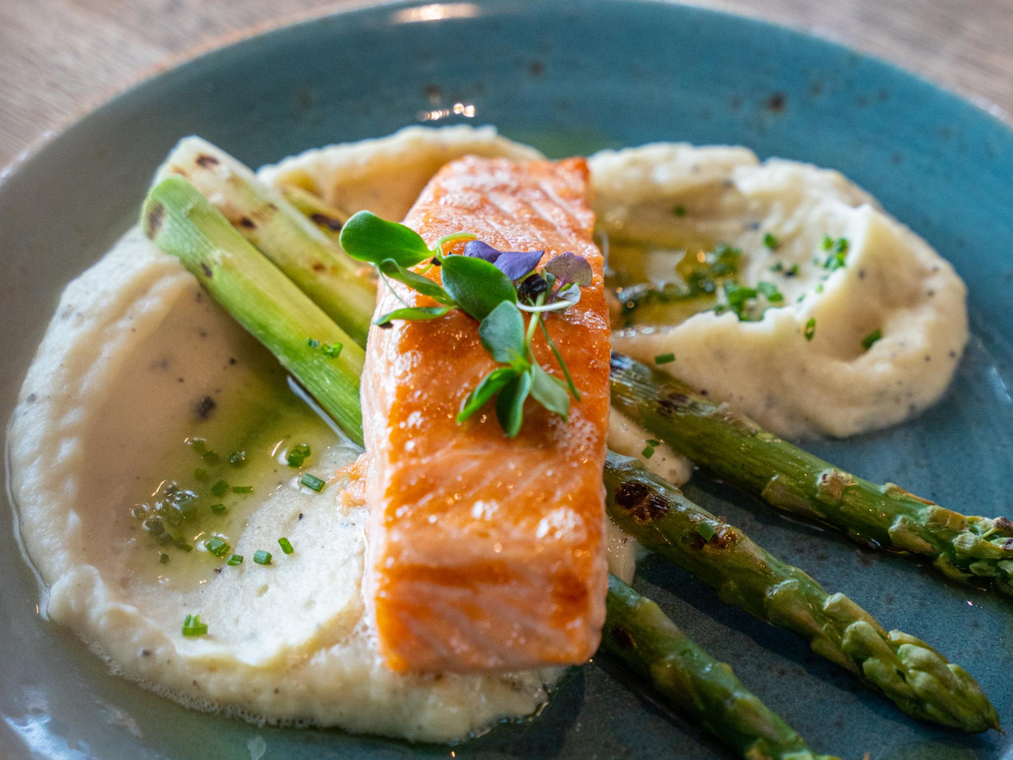 Plate of grilled salmon from The Salmon, at Tjuvholmen in Oslo