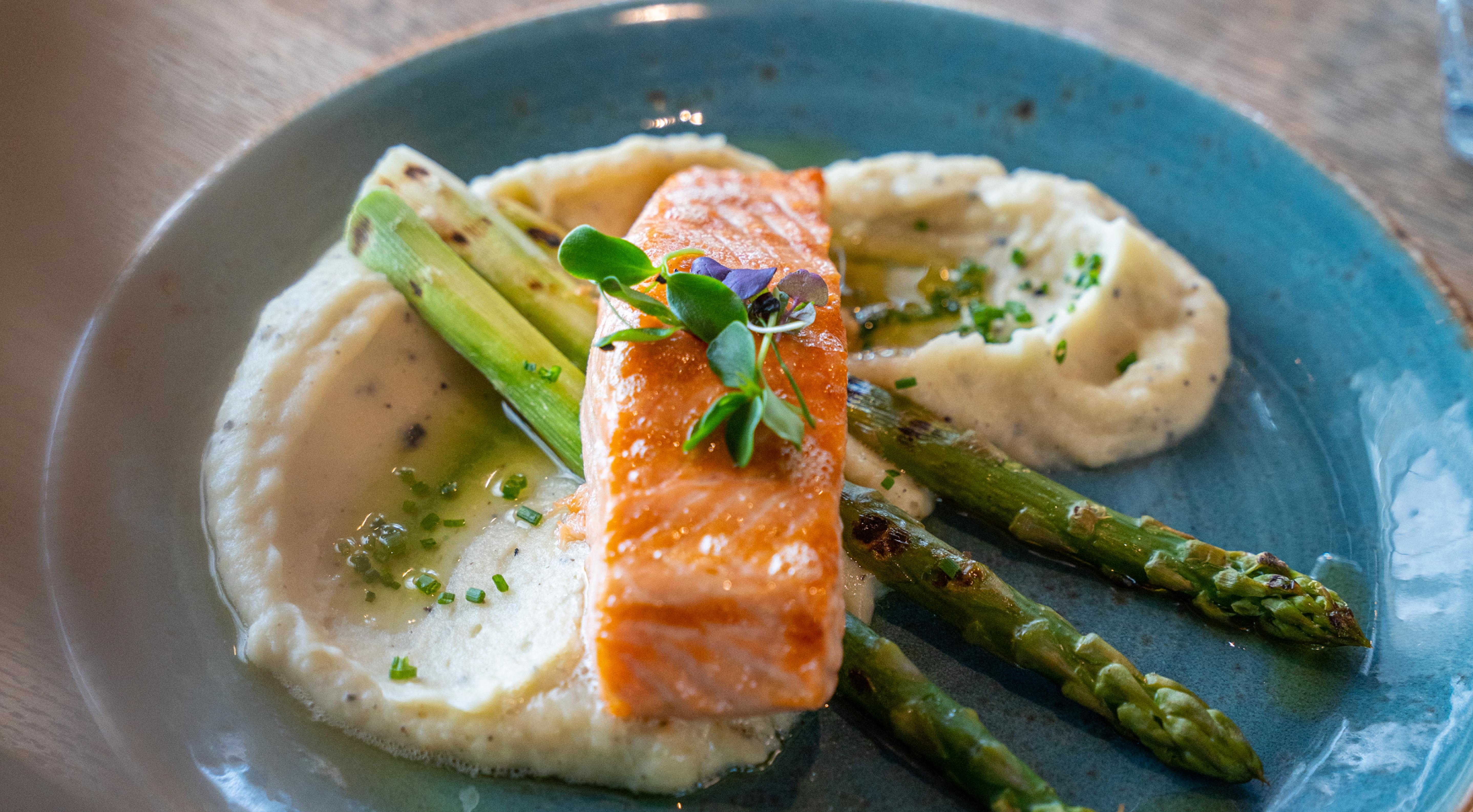 Plate of grilled salmon from The Salmon, at Tjuvholmen in Oslo