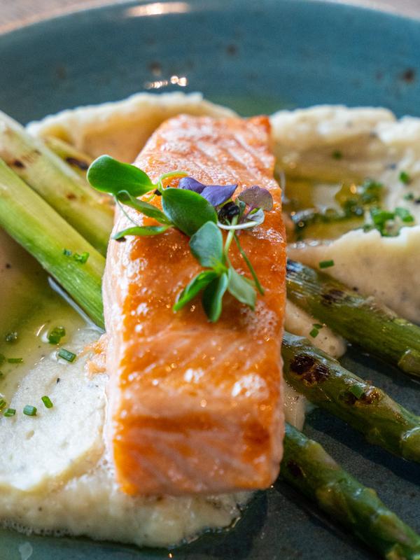 Plate of grilled salmon from The Salmon, at Tjuvholmen in Oslo