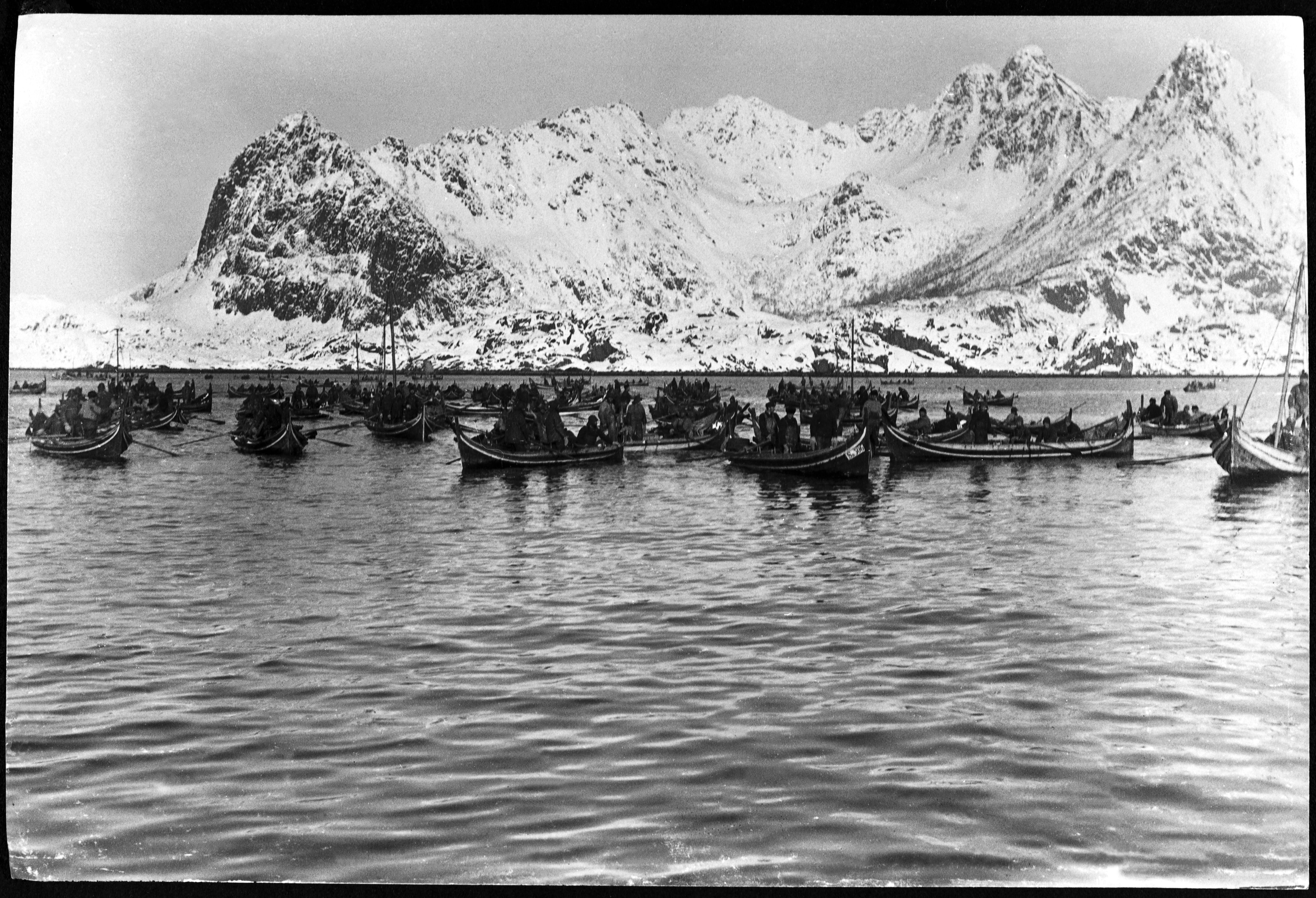 Black and white image of fishing boats in Lofoten in Northern Norway around year 1900