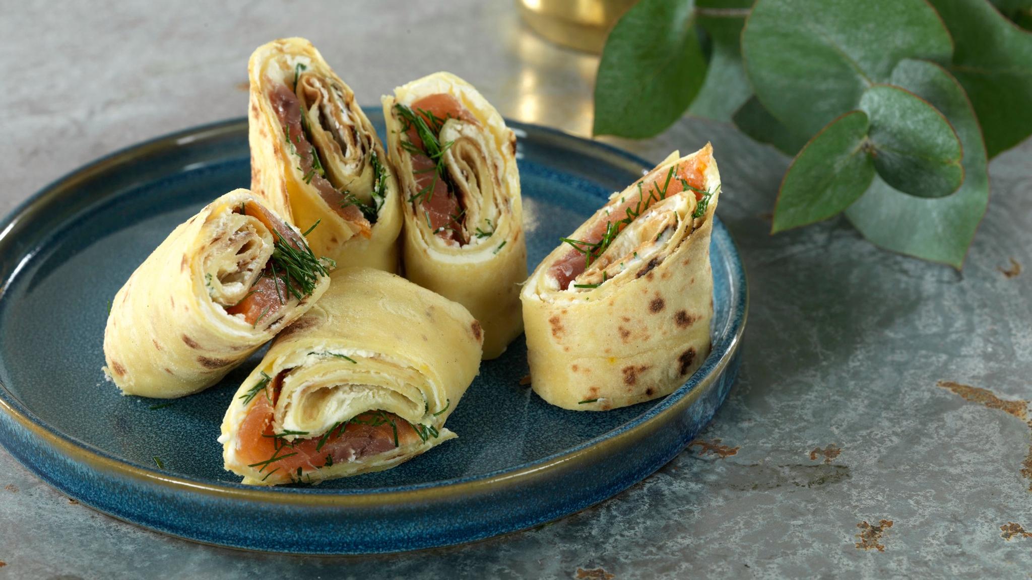 Lefse with smoked salmon served on a platter in Norway