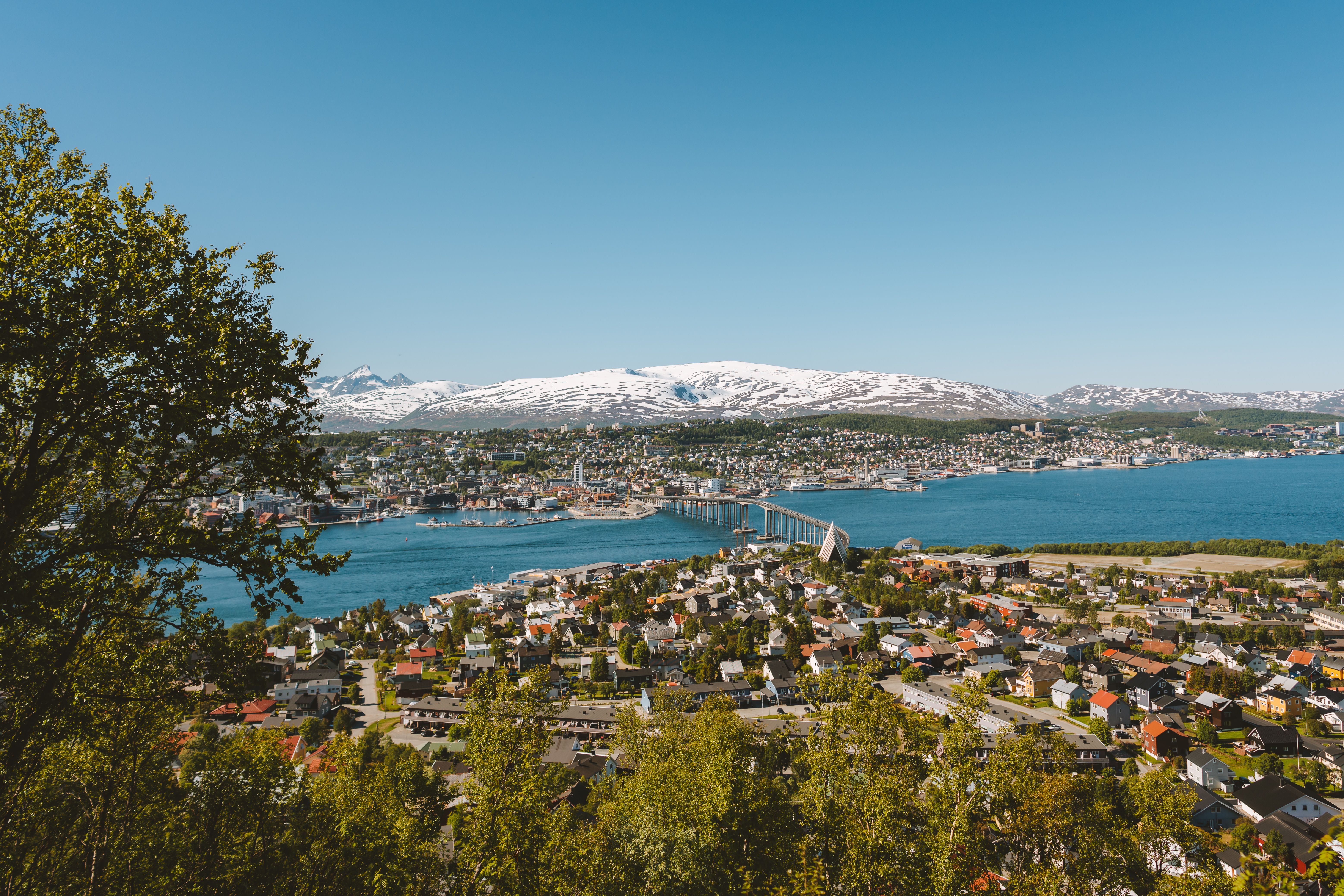 View of Tromsø city seen from the sherpa stairs in summer, Northern Norway