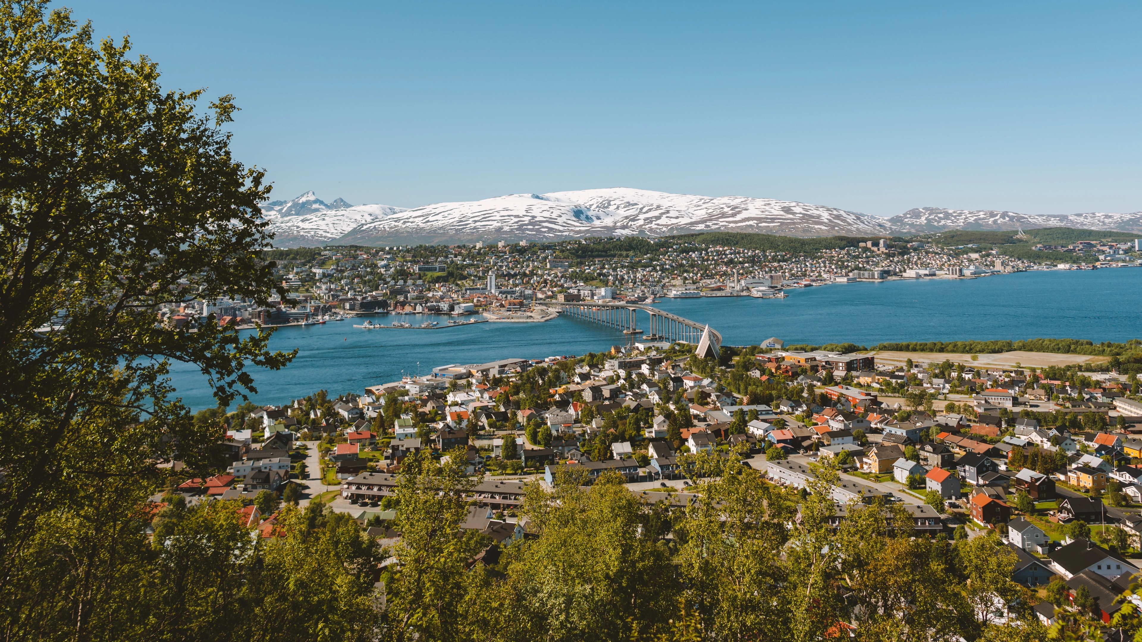 View of Tromsø city seen from the sherpa stairs in summer, Northern Norway