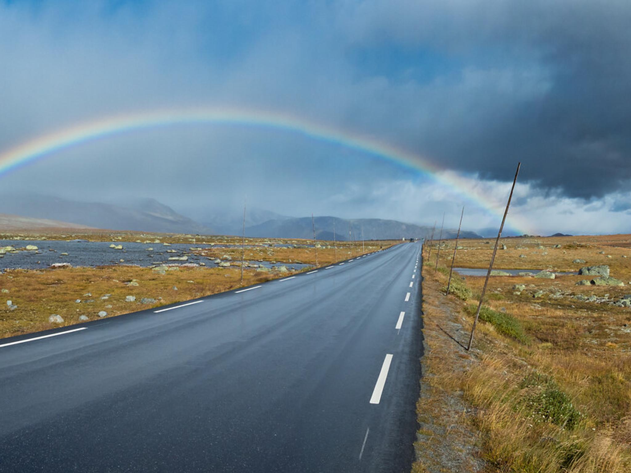 Rainbow over Norwegian Scenic Route Valdresflye in Eastern Norway