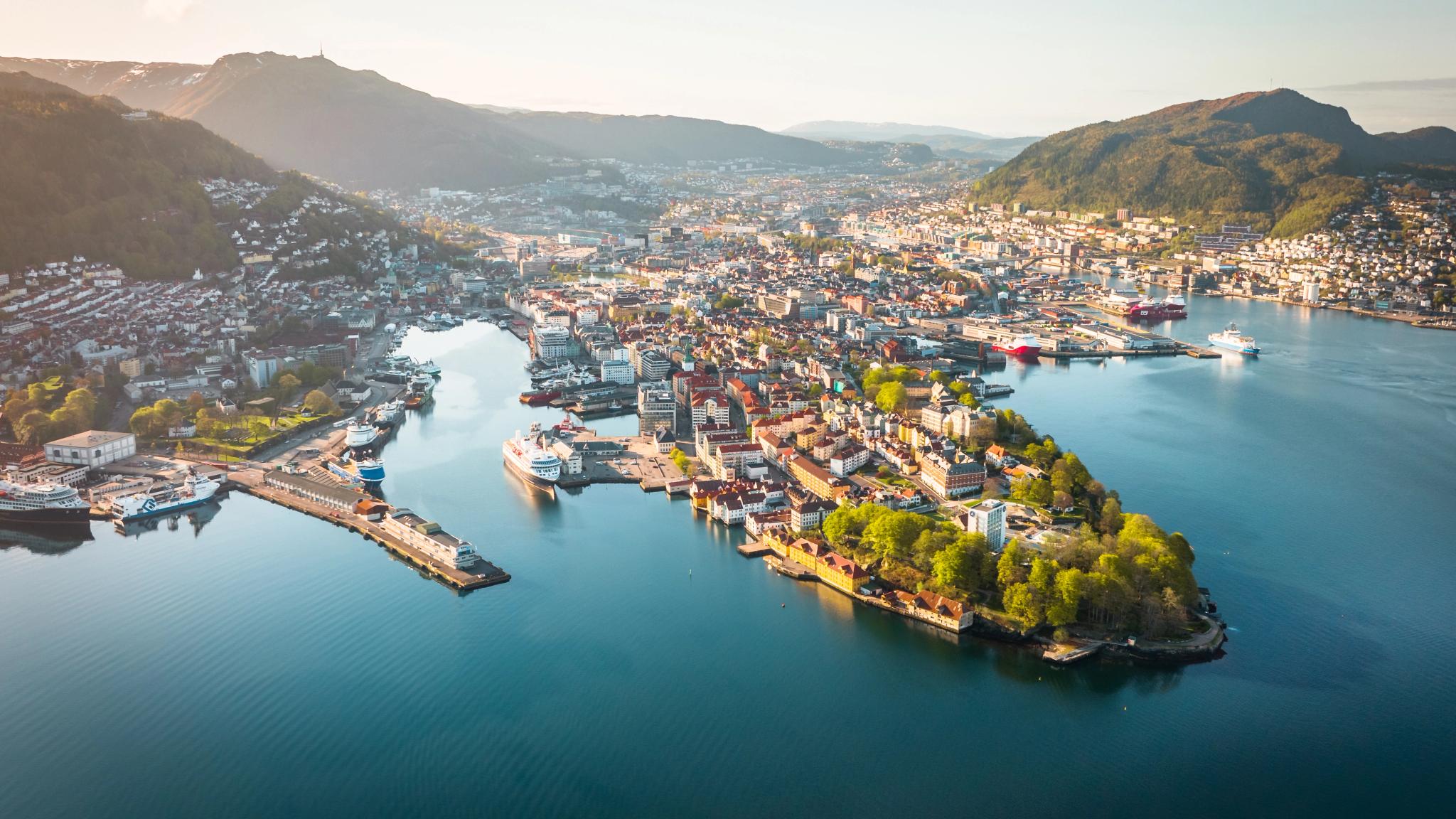 Bergen with Fløyen and Ulriken in the background during summer