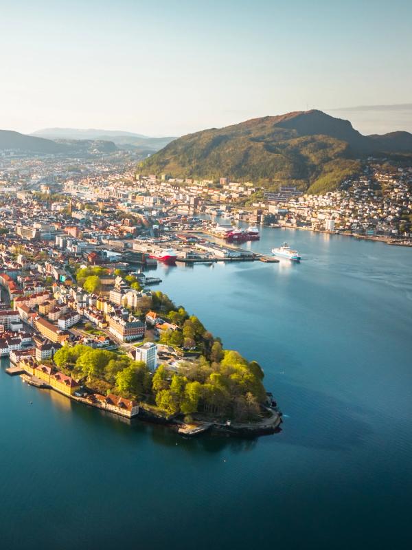 Bergen with Fløyen and Ulriken in the background during summer