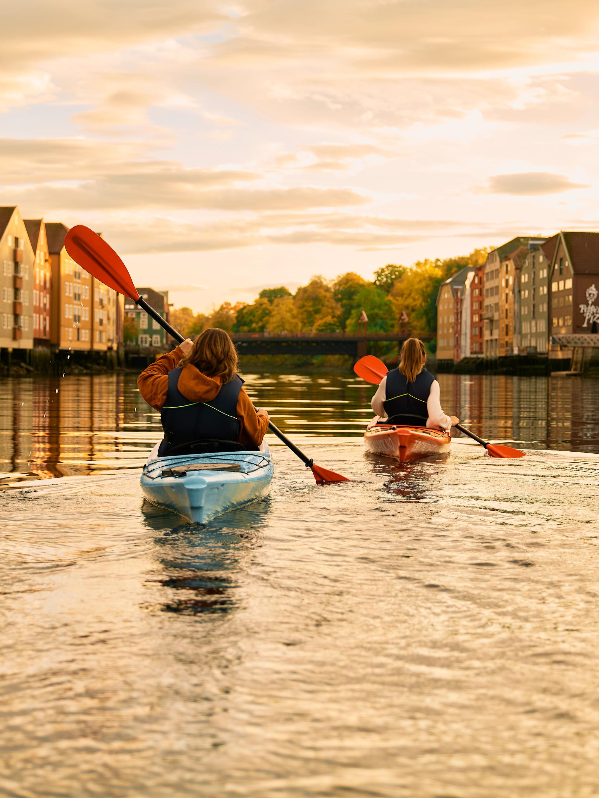 Kayaking in the sunset in the Nidelva river in Trondheim, Trøndelag