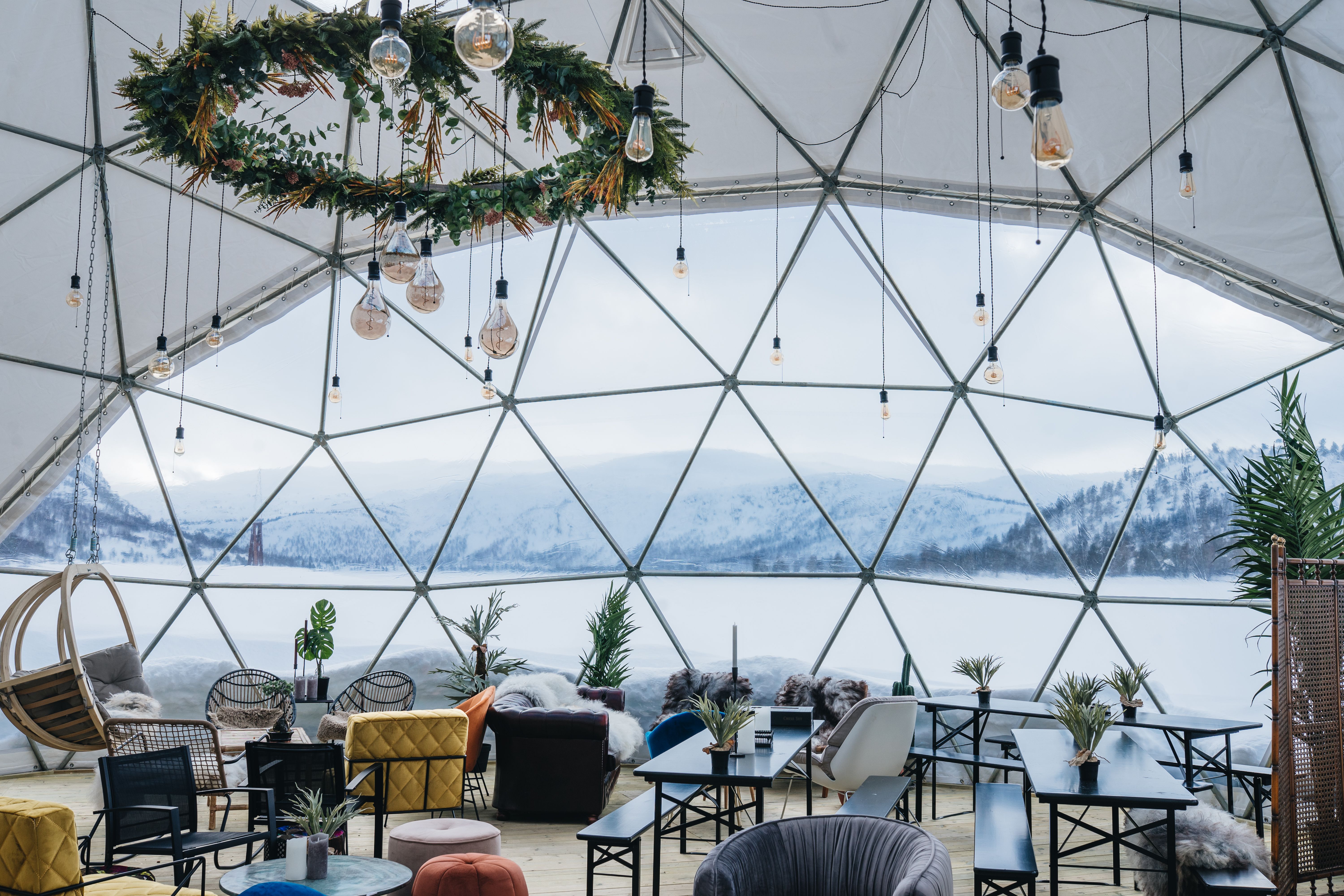 Dining in the geodome "The Village Hovden", Hovden, Southern Norway