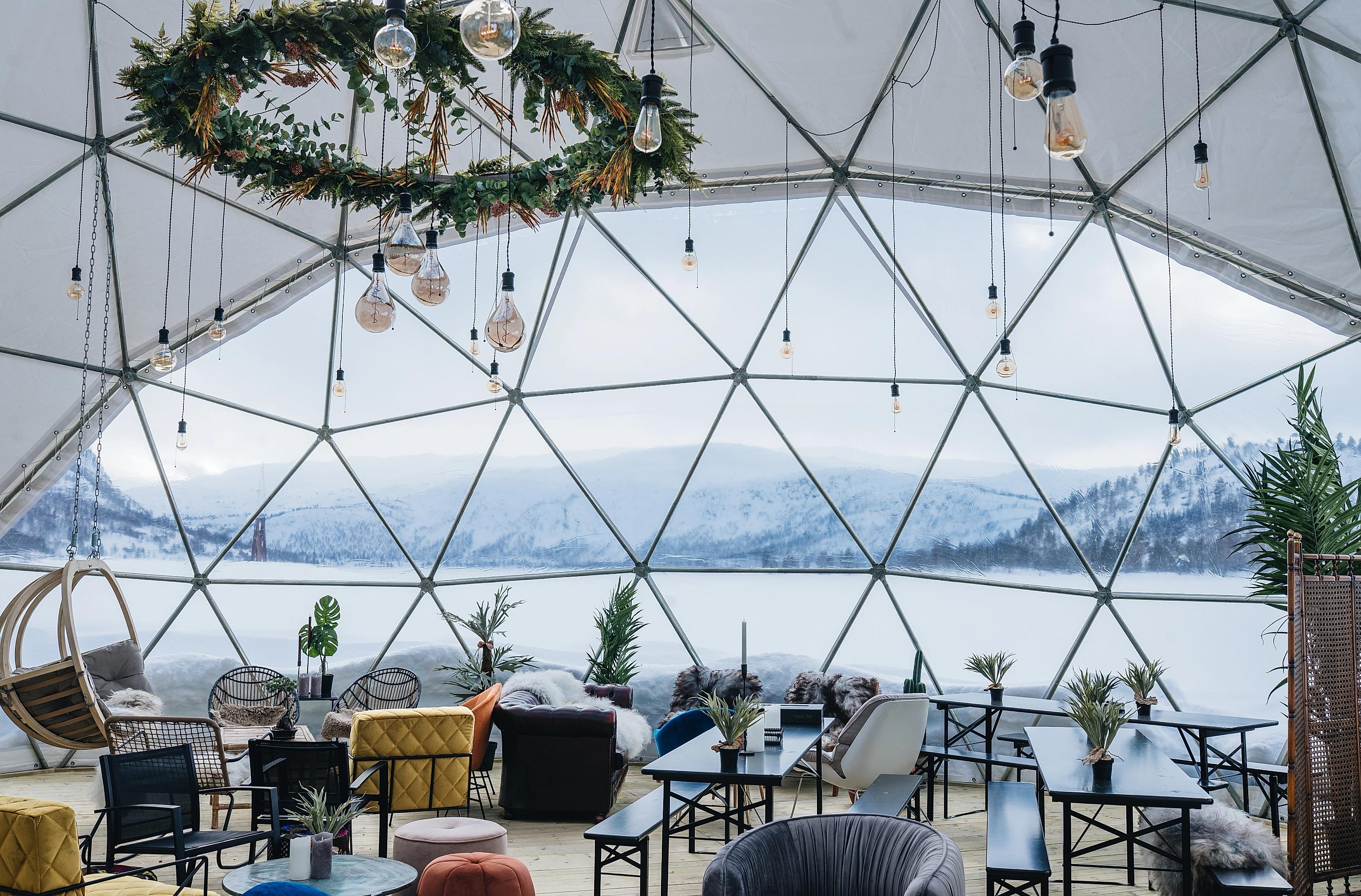 Dining in the geodome "The Village Hovden", Hovden, Southern Norway