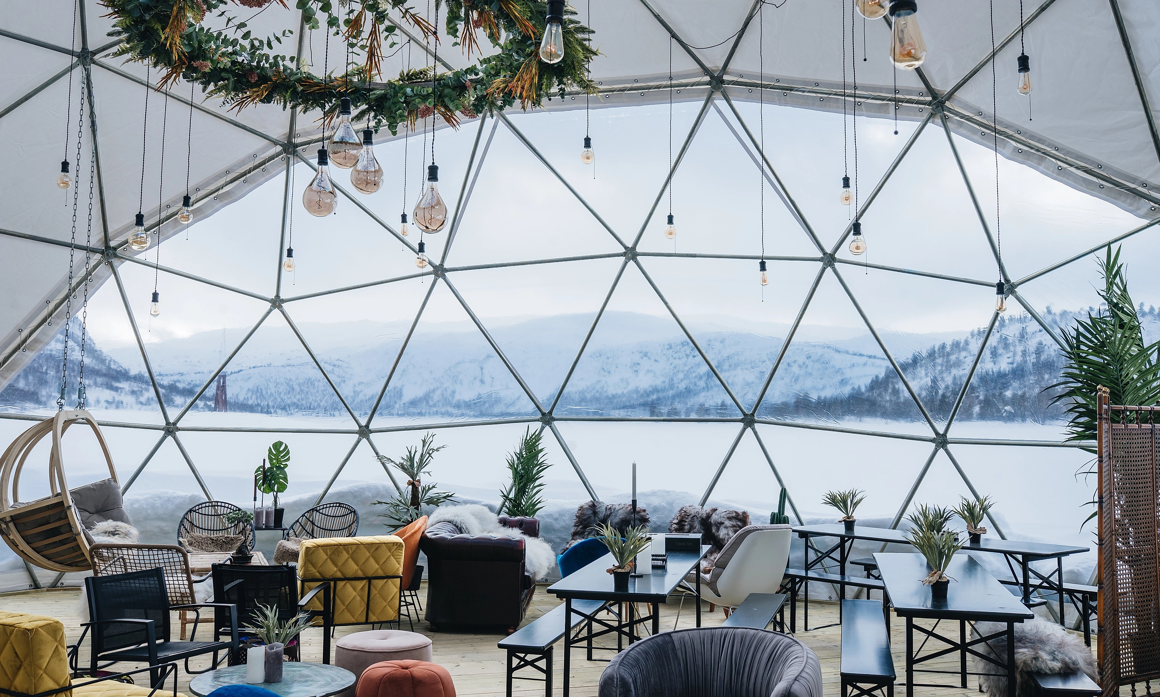 Dining in the geodome "The Village Hovden", Hovden, Southern Norway