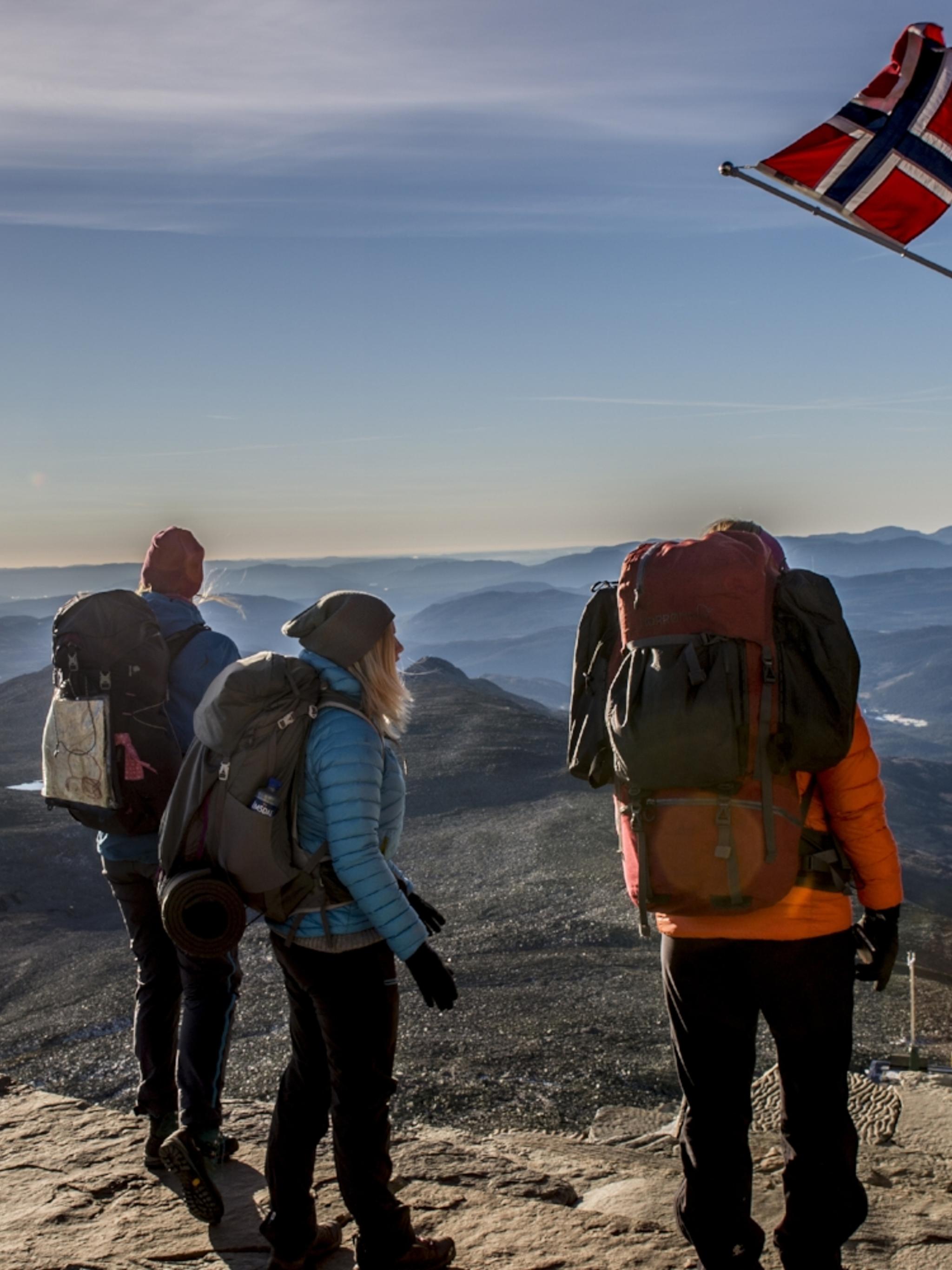 People standing at the top of Mount Gaustatoppen near Rjukan in Telemark, Eastern Norway