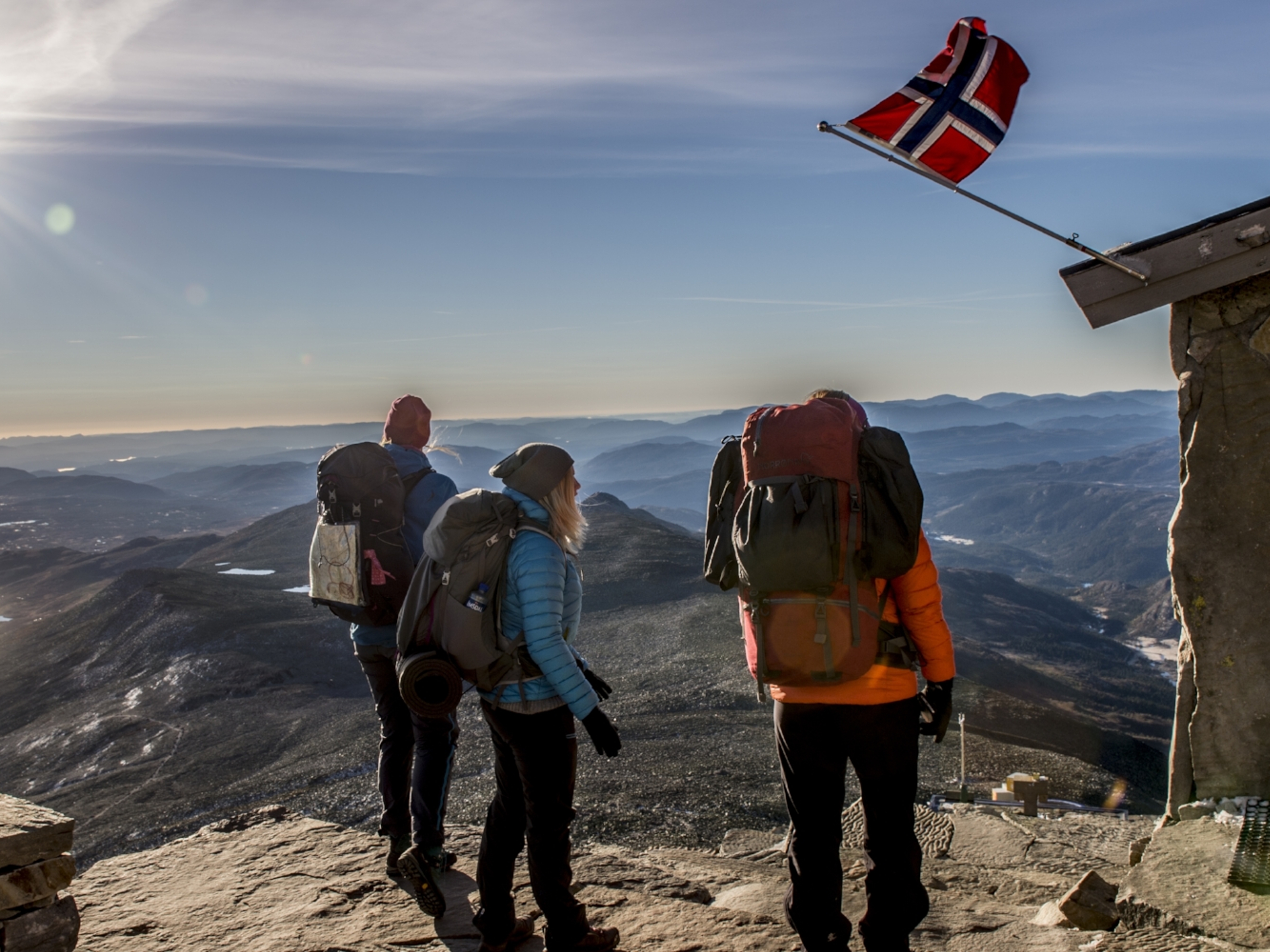 People standing at the top of Mount Gaustatoppen near Rjukan in Telemark, Eastern Norway