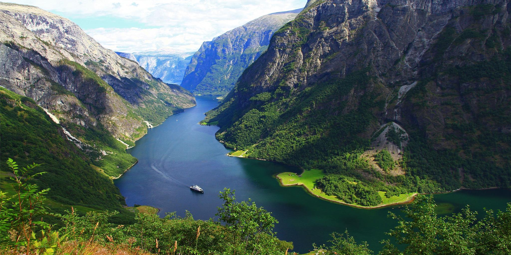 The Nærøyfjord in Fjord Norway on a sunny summer day