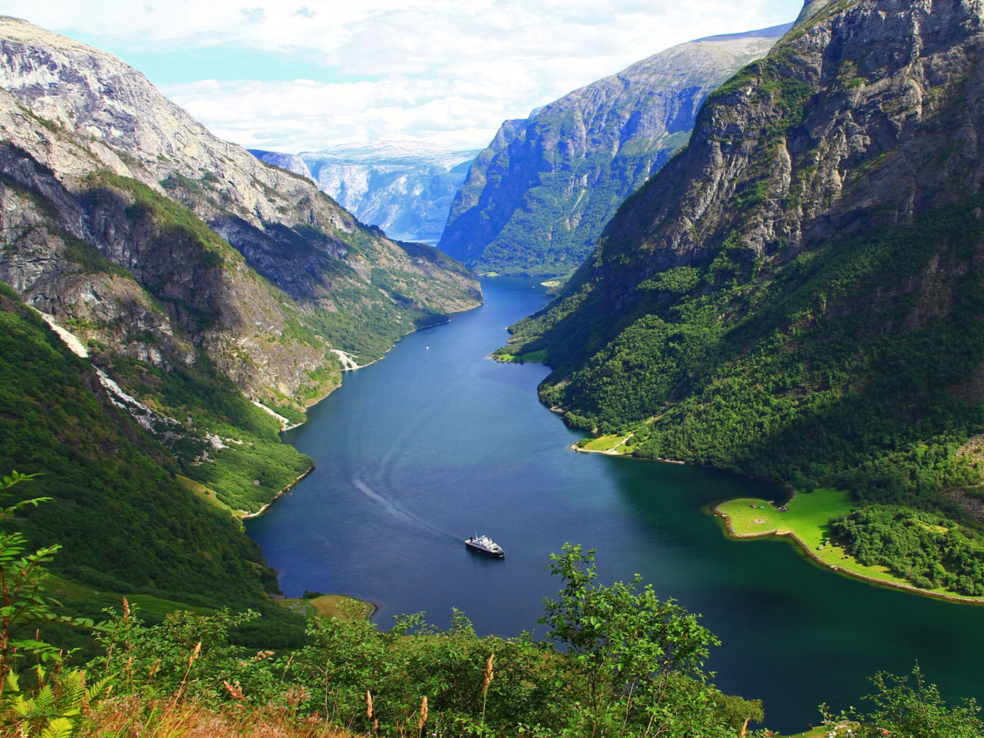 The Nærøyfjord in Fjord Norway on a sunny summer day