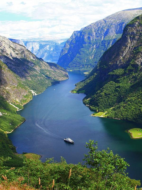 The Nærøyfjord in Fjord Norway on a sunny summer day