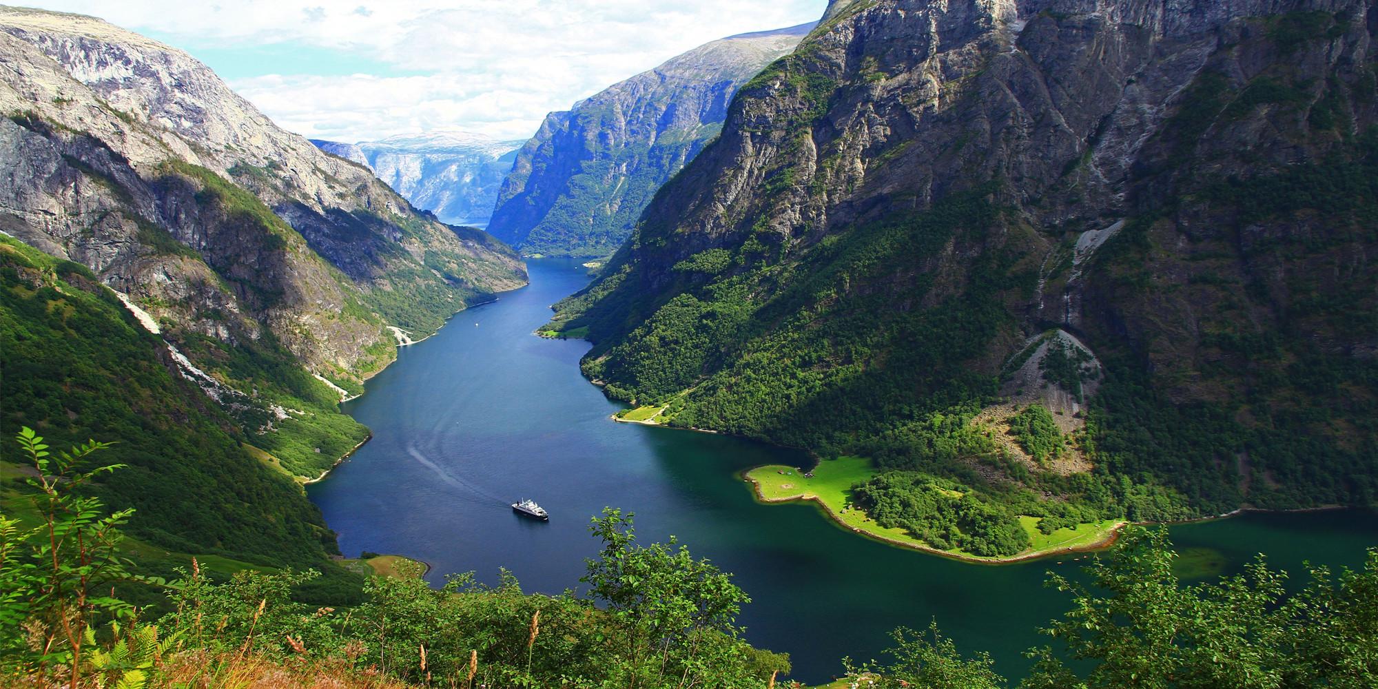 The Nærøyfjord in Fjord Norway on a sunny summer day