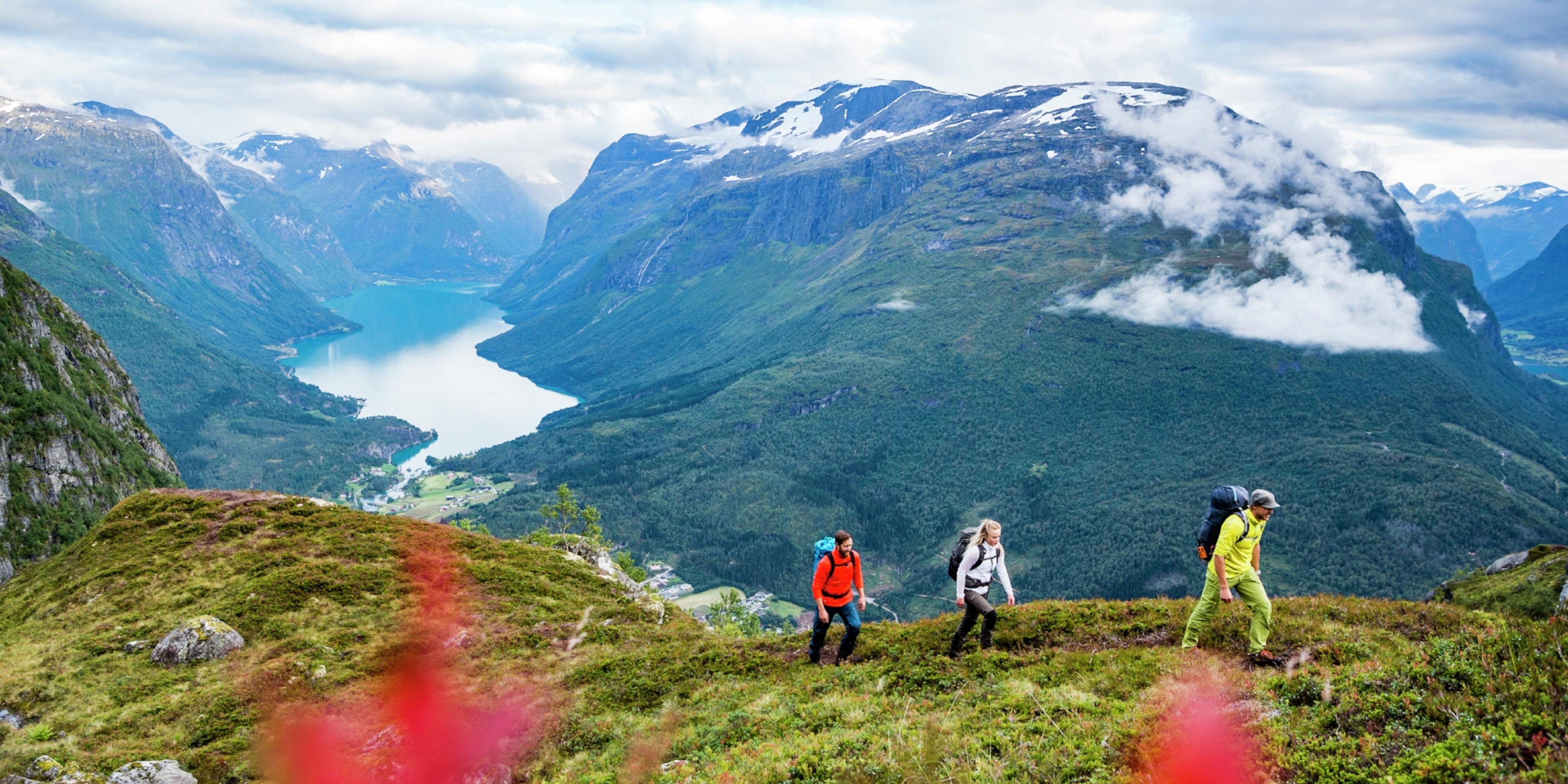 Hiking at Mount Hoven near Loen Skylift in Loen in the Nordfjord area of Fjord Norway