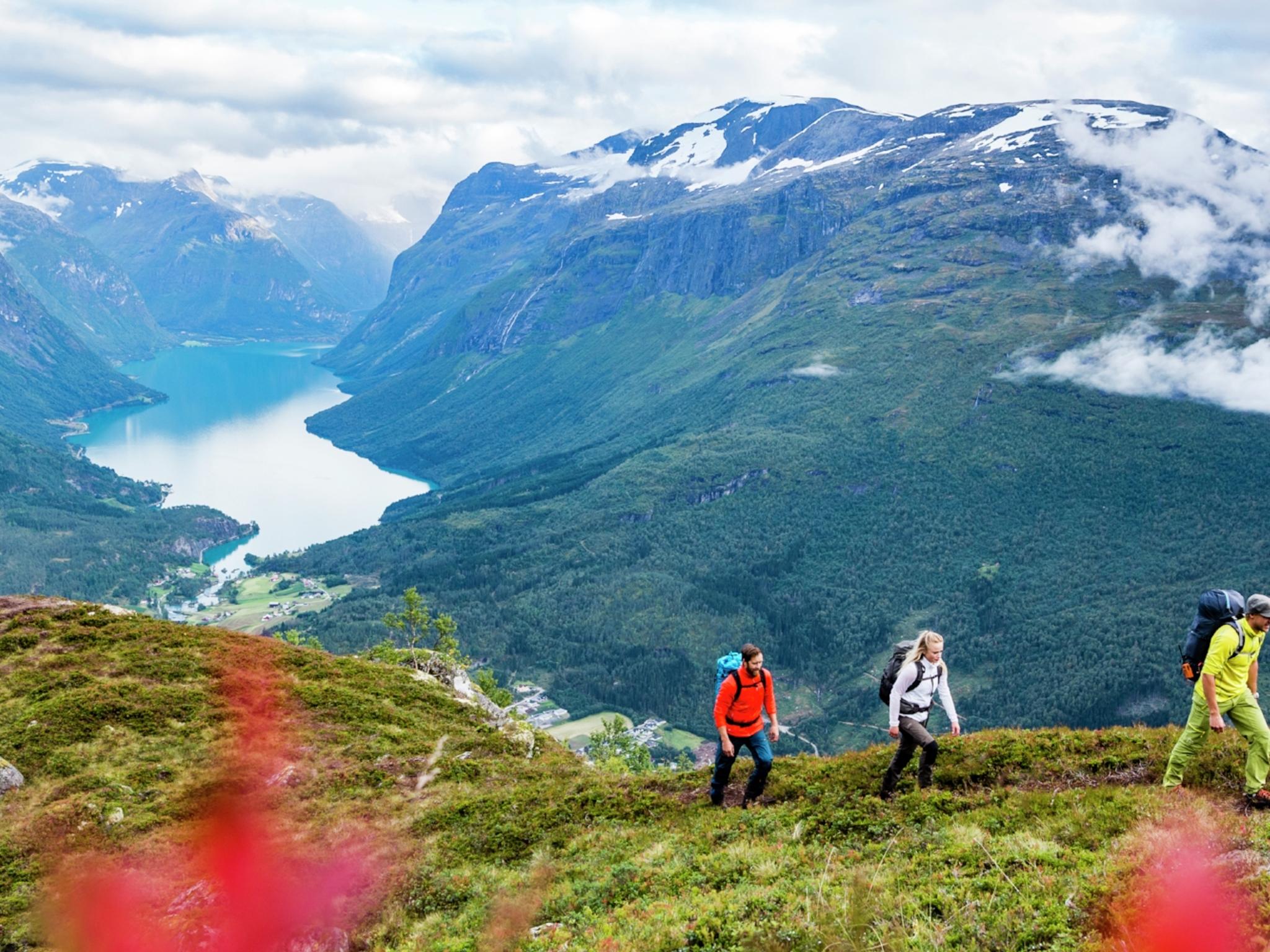 Hiking at Mount Hoven near Loen Skylift in Loen in the Nordfjord area of Fjord Norway