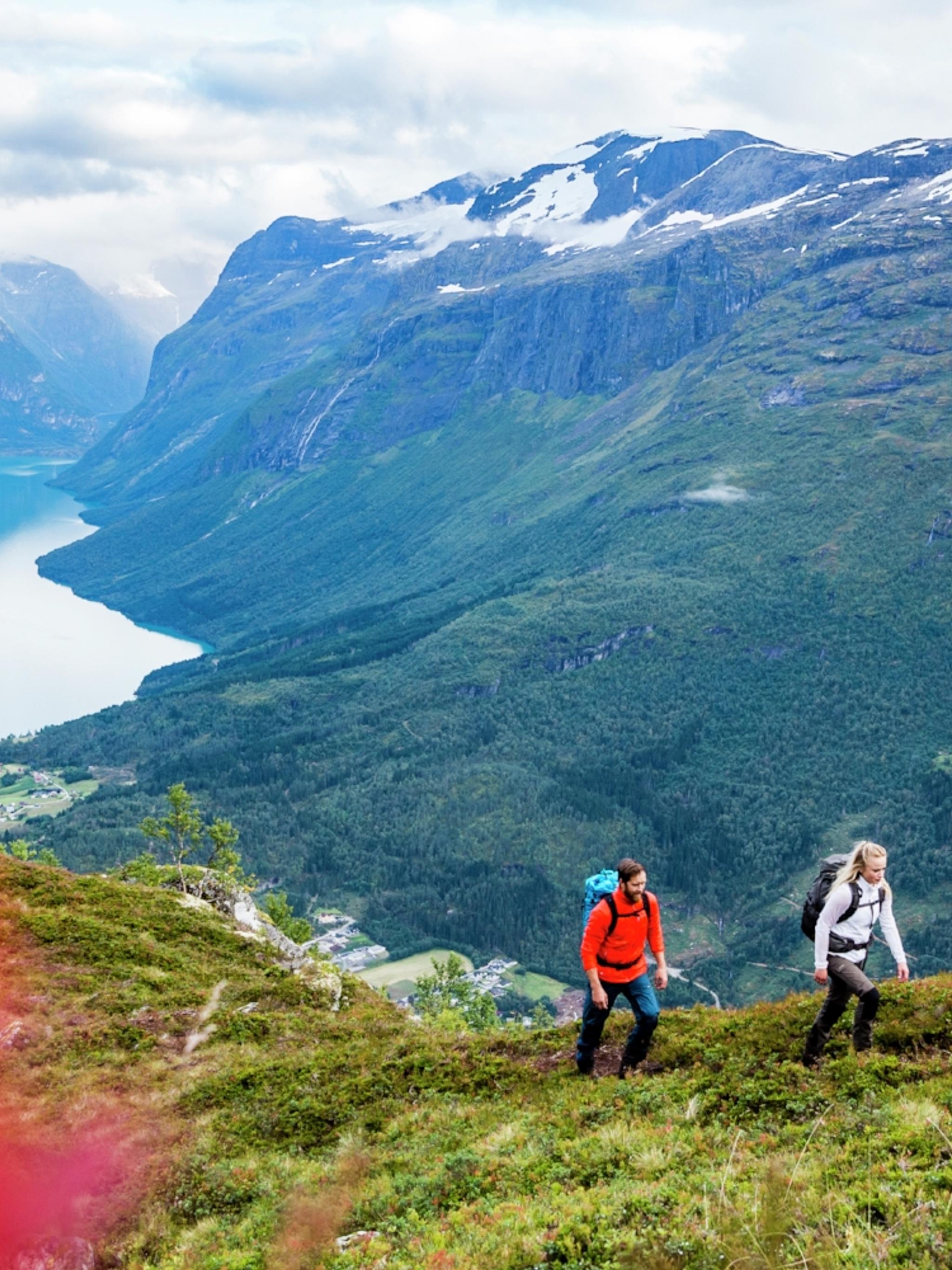 Hiking at Mount Hoven near Loen Skylift in Loen in the Nordfjord area of Fjord Norway