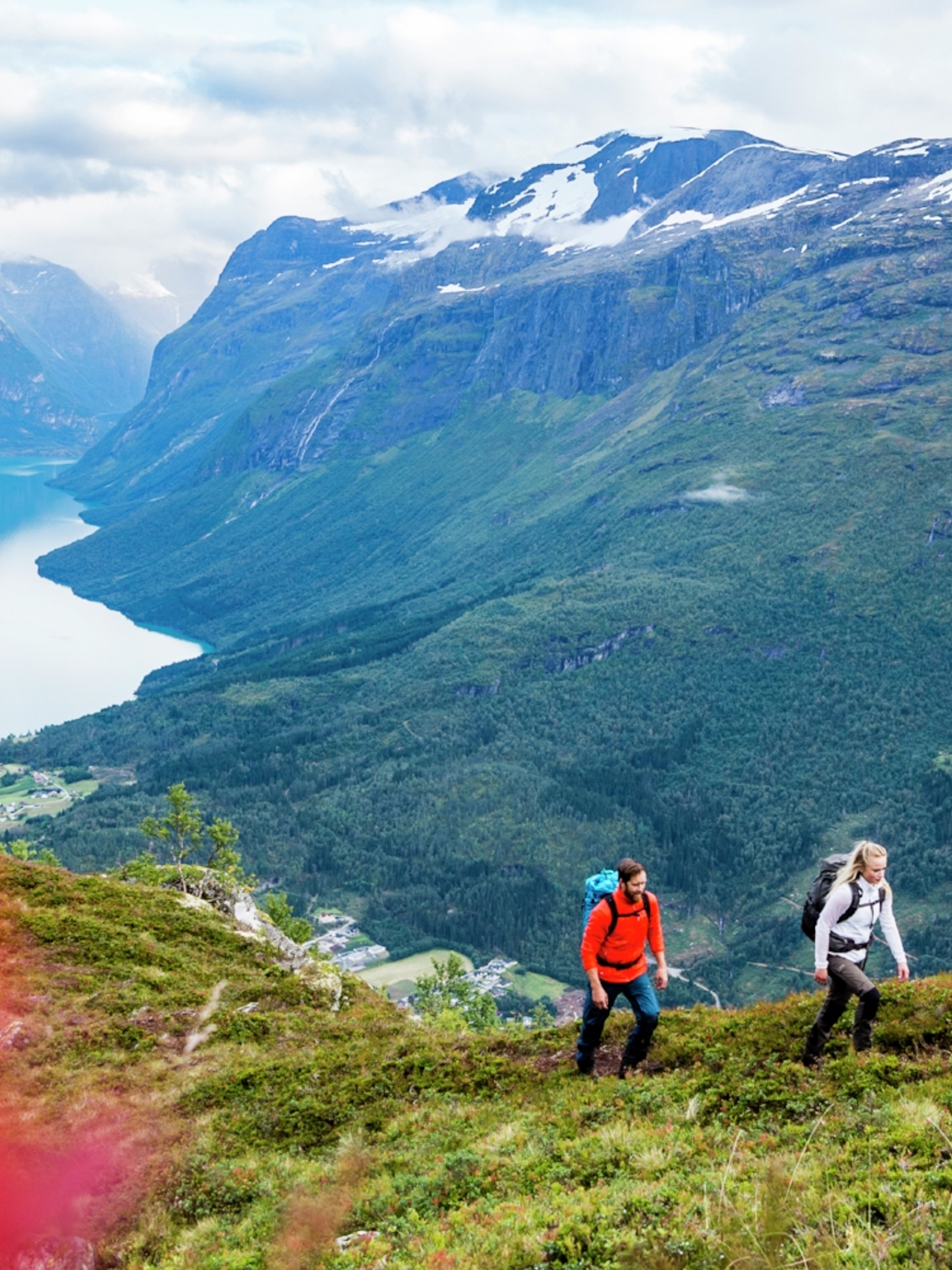 Hiking at Mount Hoven near Loen Skylift in Loen in the Nordfjord area of Fjord Norway