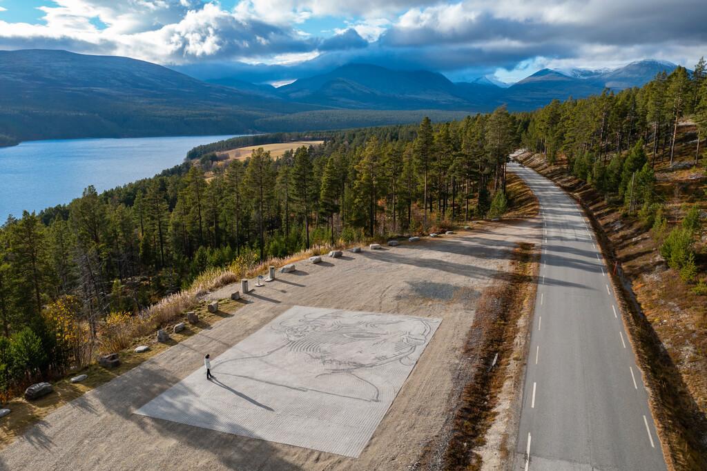 A woman admire art work on the ground in the middle of a vast nature landscape