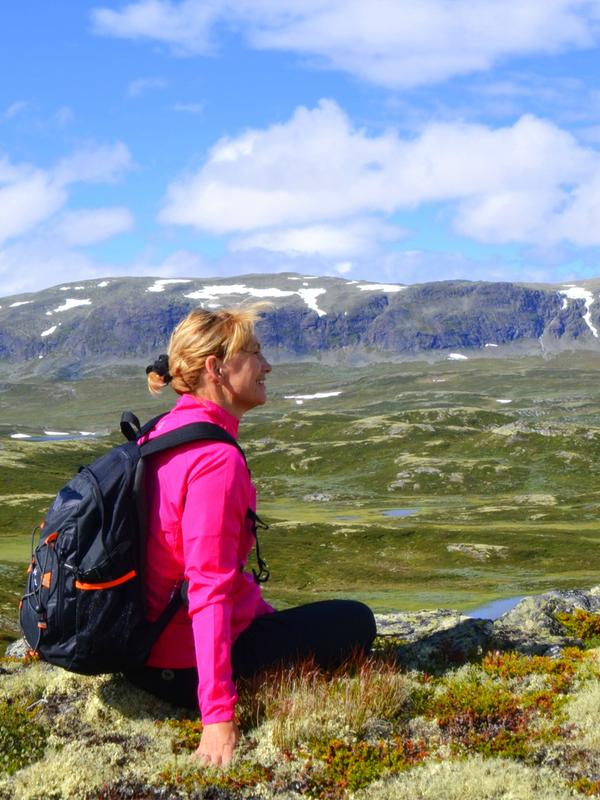Femme assise, admirant la vue sur les montagnes à Ål dans la vallée de Hallingdal, en Norvège de l’Est