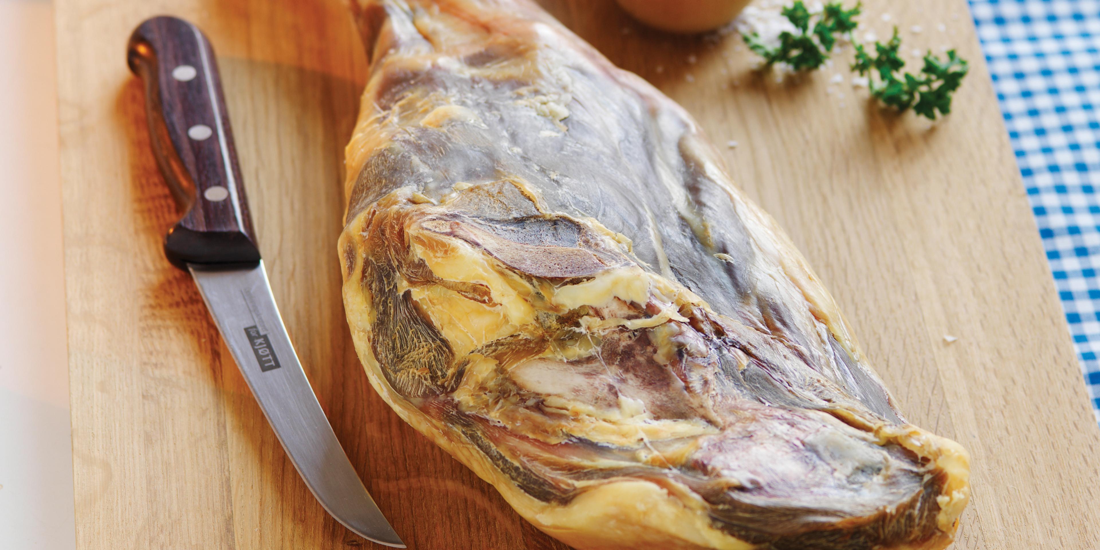 Fenalår on a cutting board