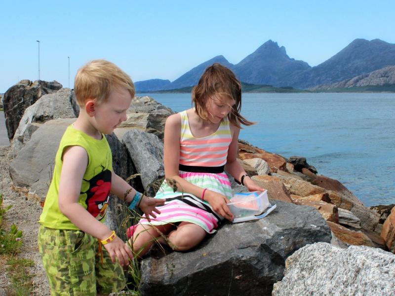 Two kids sitting on rocks next to the sea and try geocaching in Sandnessjøen in Nordland, Northern Norway