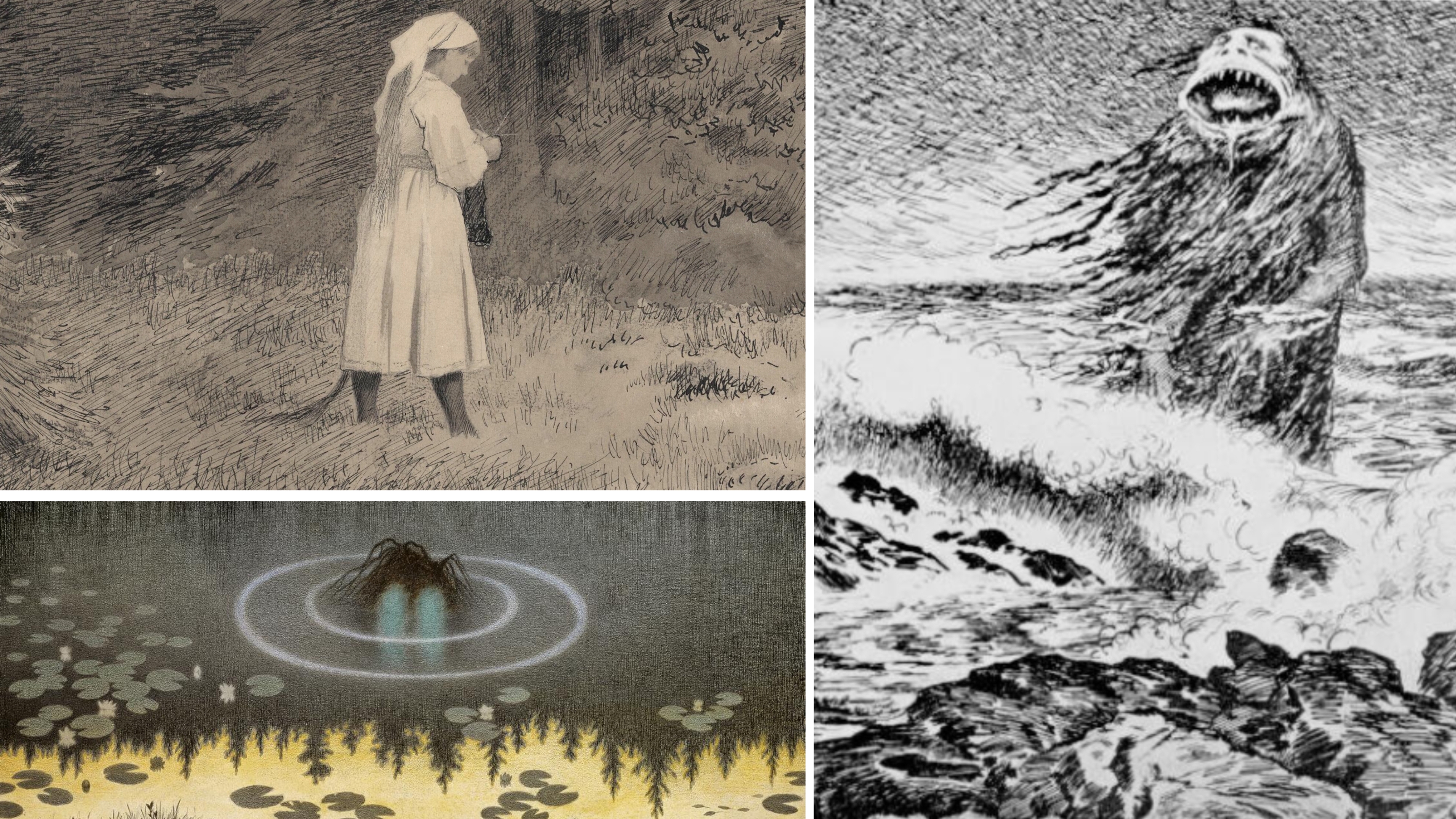 Three of Kittelsens artworks; Huldra(The Wood Nymph) Nøkken (The Monster of the Lake), Sjøtrollet (Sea Monster)