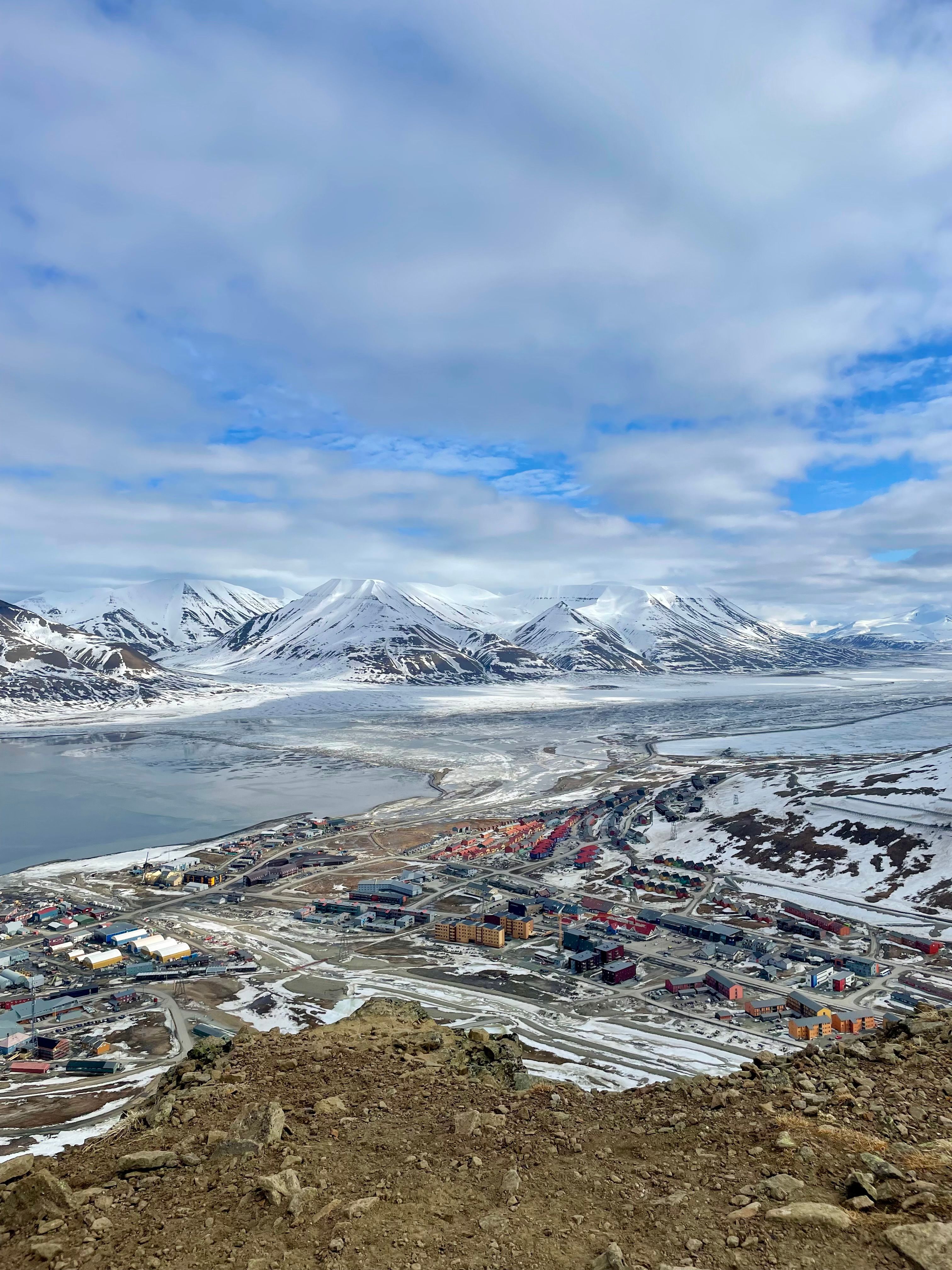 Bird's view of Longyearbyen seen from the Platåfjellet mountain, Svalbard