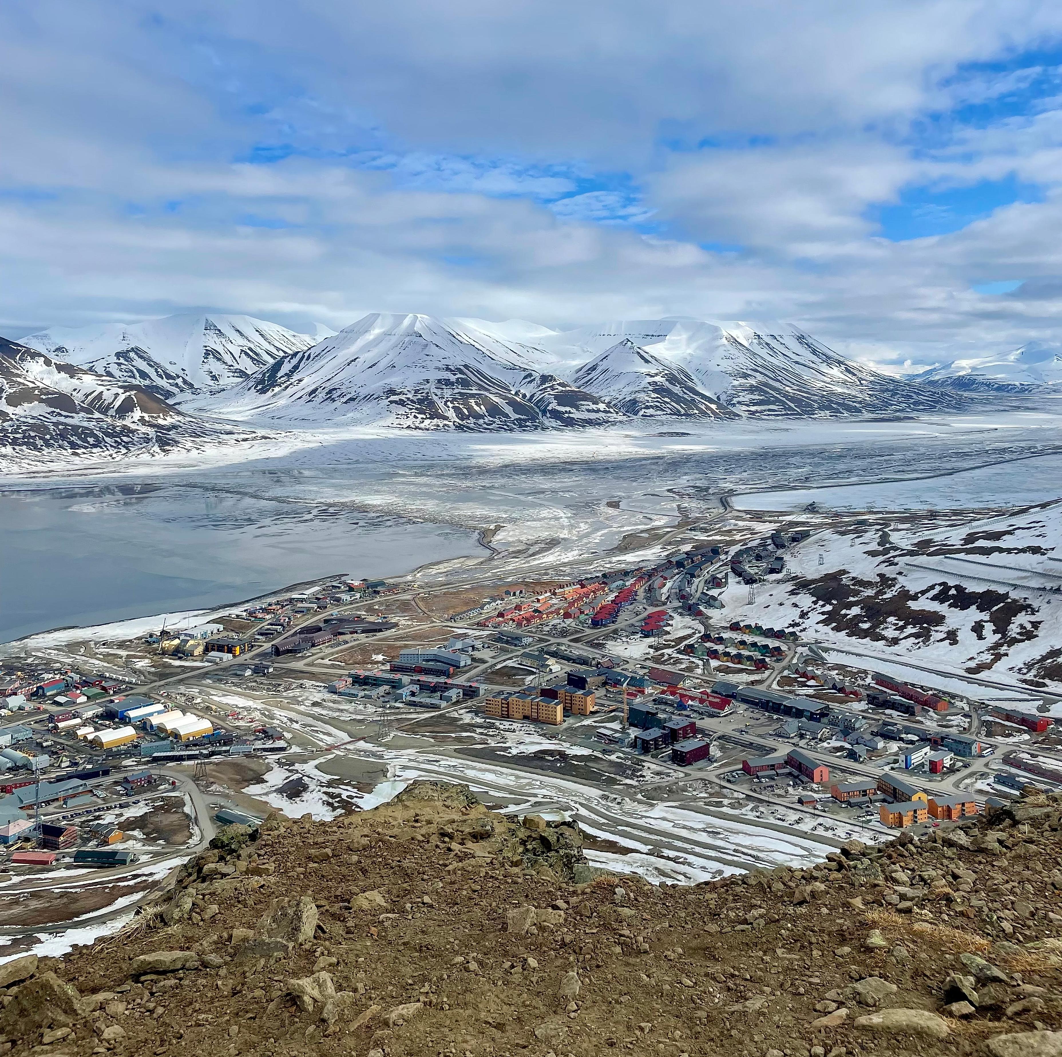 Bird's view of Longyearbyen seen from the Platåfjellet mountain, Svalbard