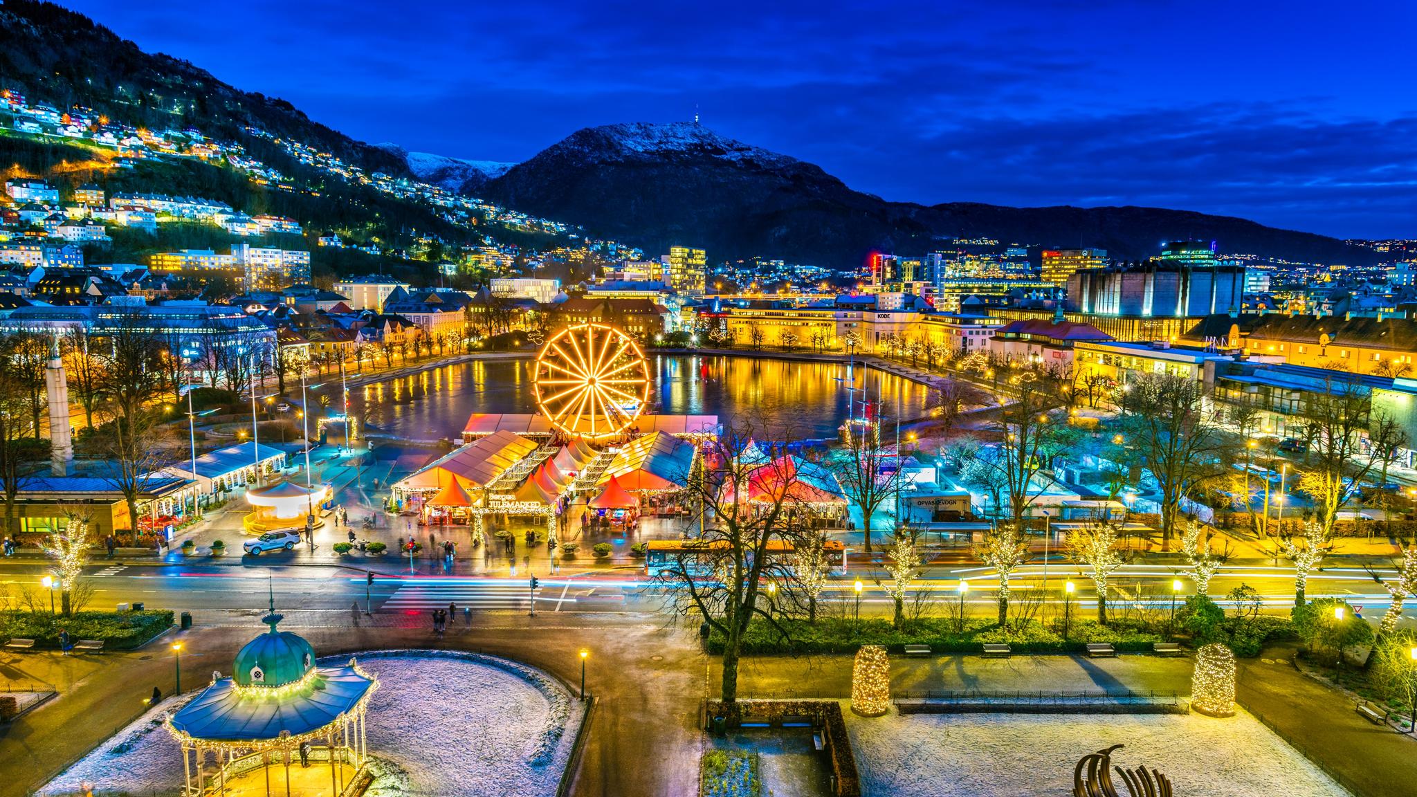 The cosy Christmas market at Festplassen in Bergen seen from above, Fjord Norway
