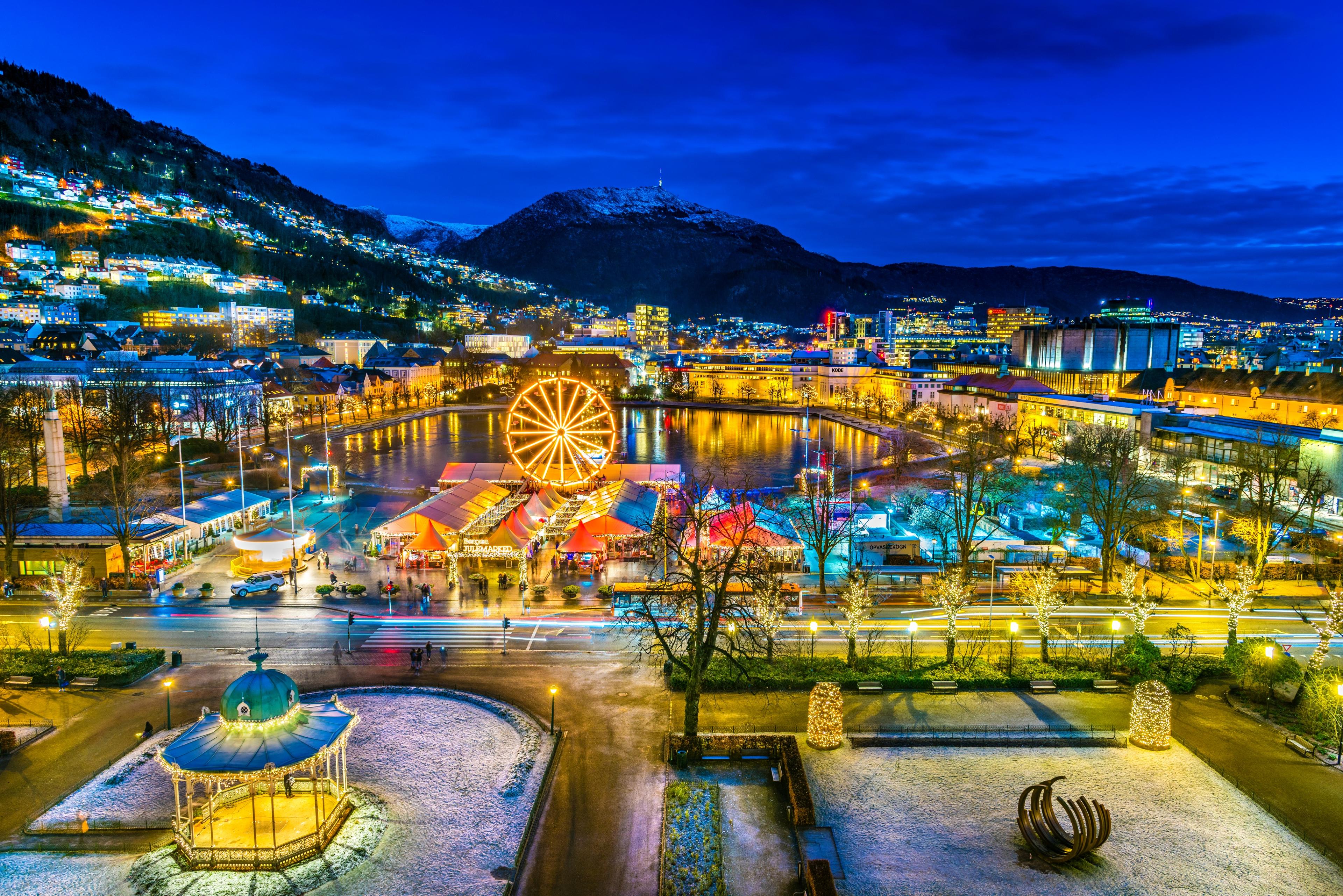 The cosy Christmas market at Festplassen in Bergen seen from above, Fjord Norway