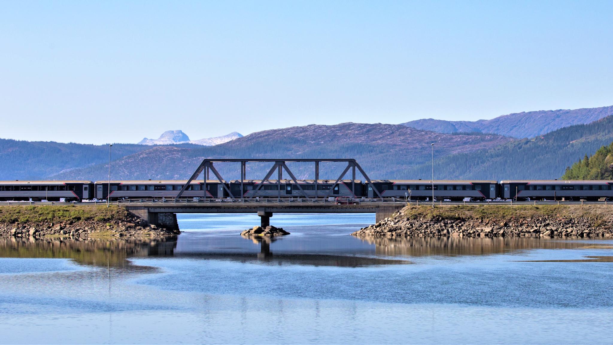 The Nordland railway running over a bridge in Northern Norway