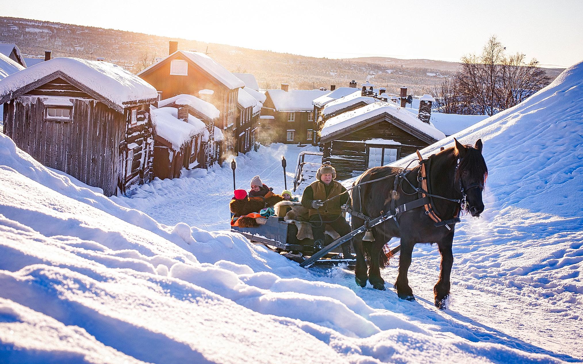 Three people riding a horse and sleigh at Røros a cold winter day